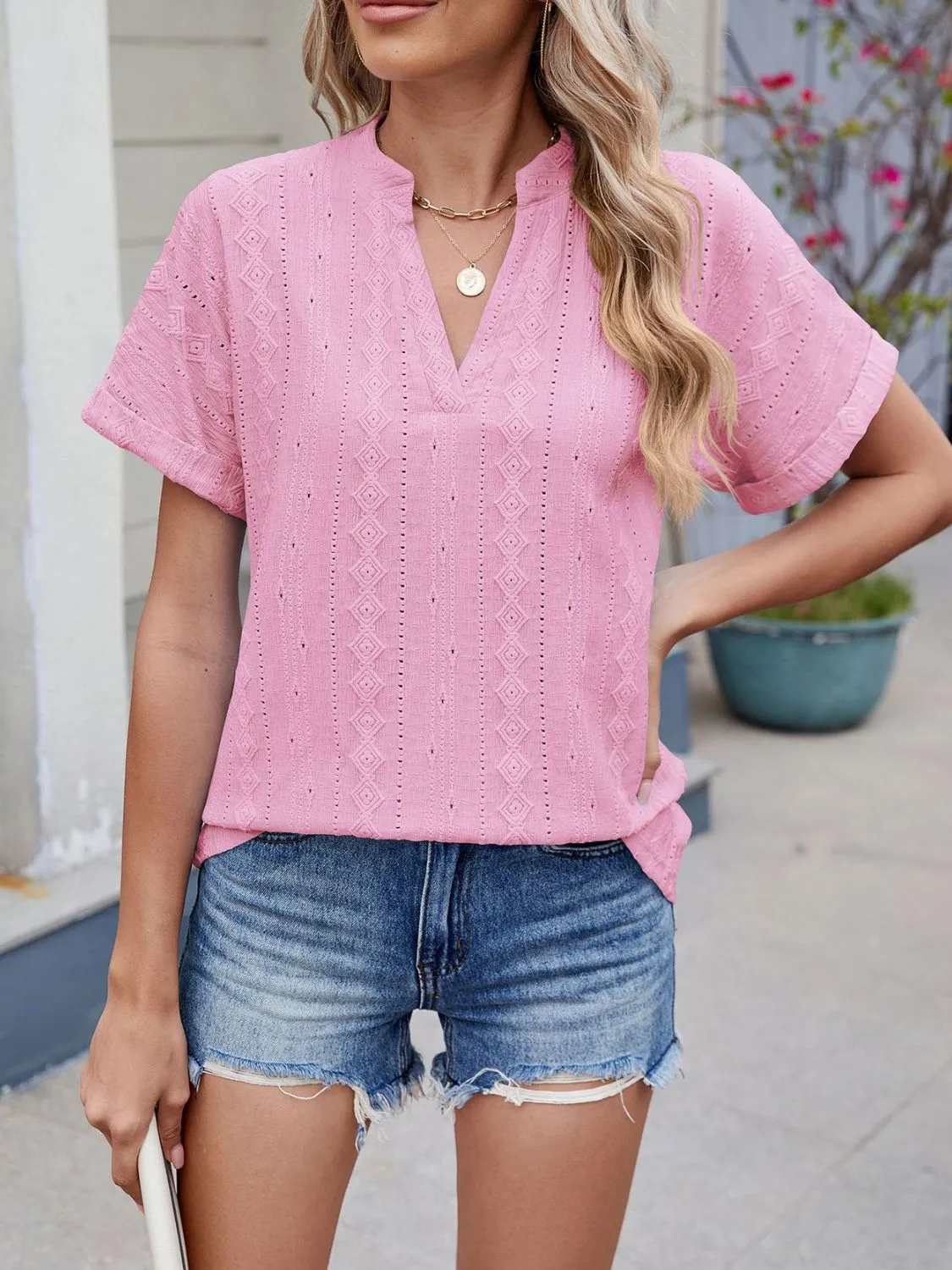 Eyelet Notched Short Sleeve Top - Image 20