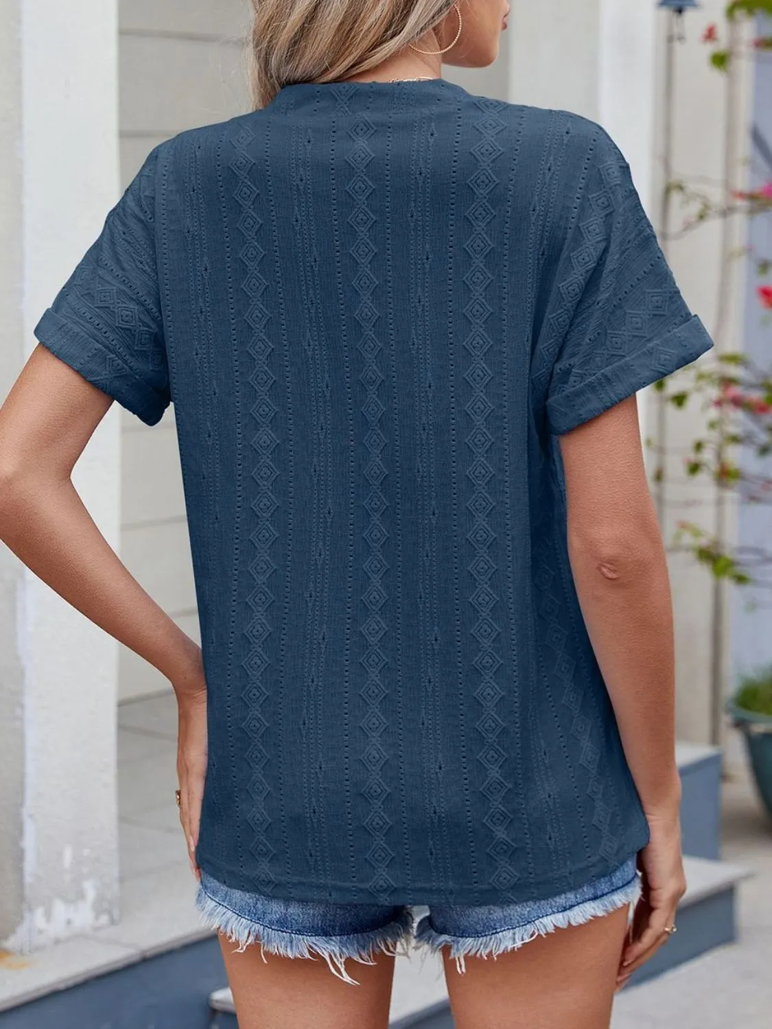 Eyelet Notched Short Sleeve Top - Image 30