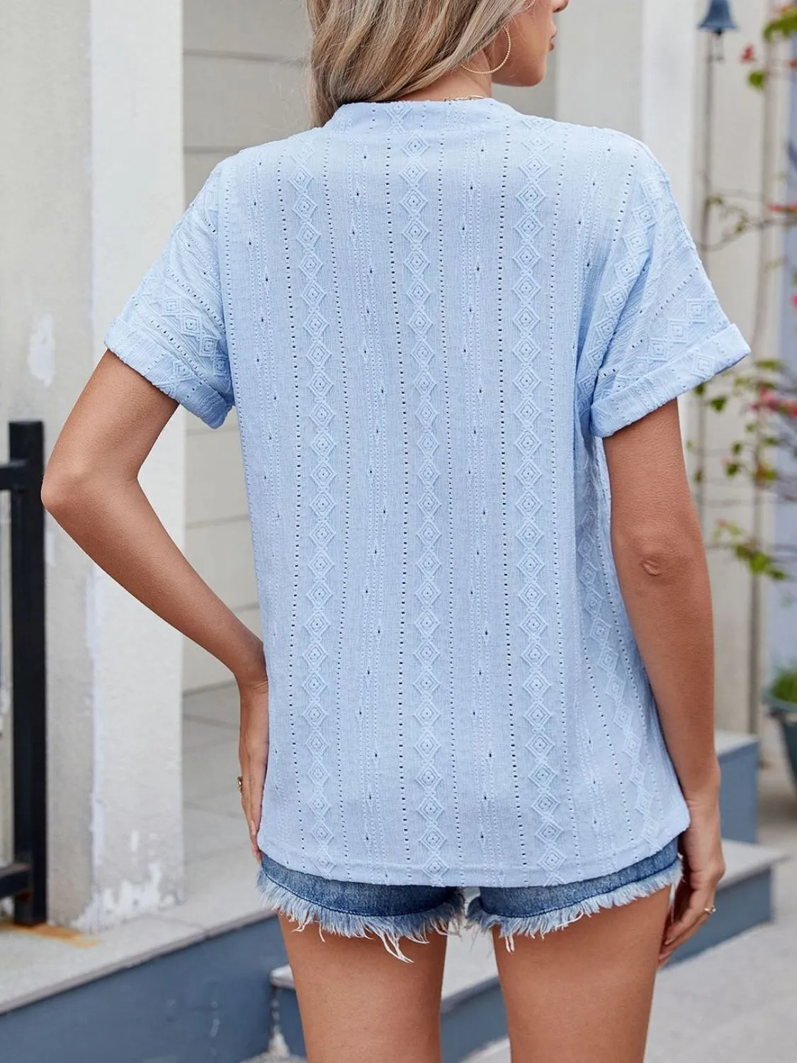 Eyelet Notched Short Sleeve Top - Image 5