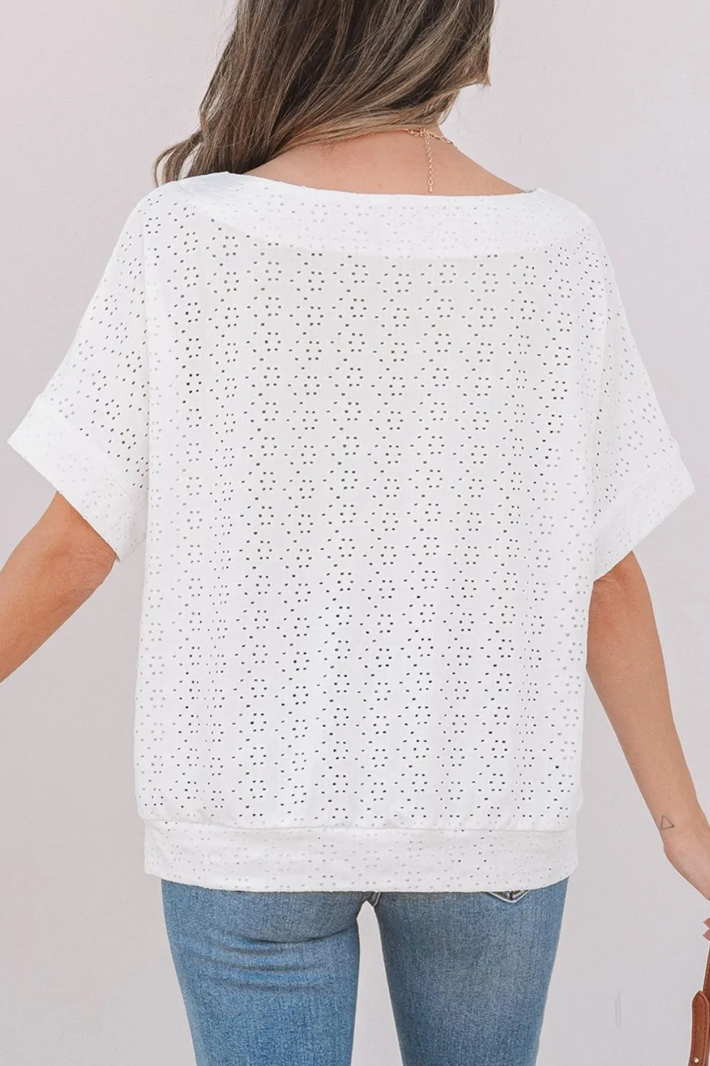 Eyelet Pattern Boat Neck Casual Tee - Image 4