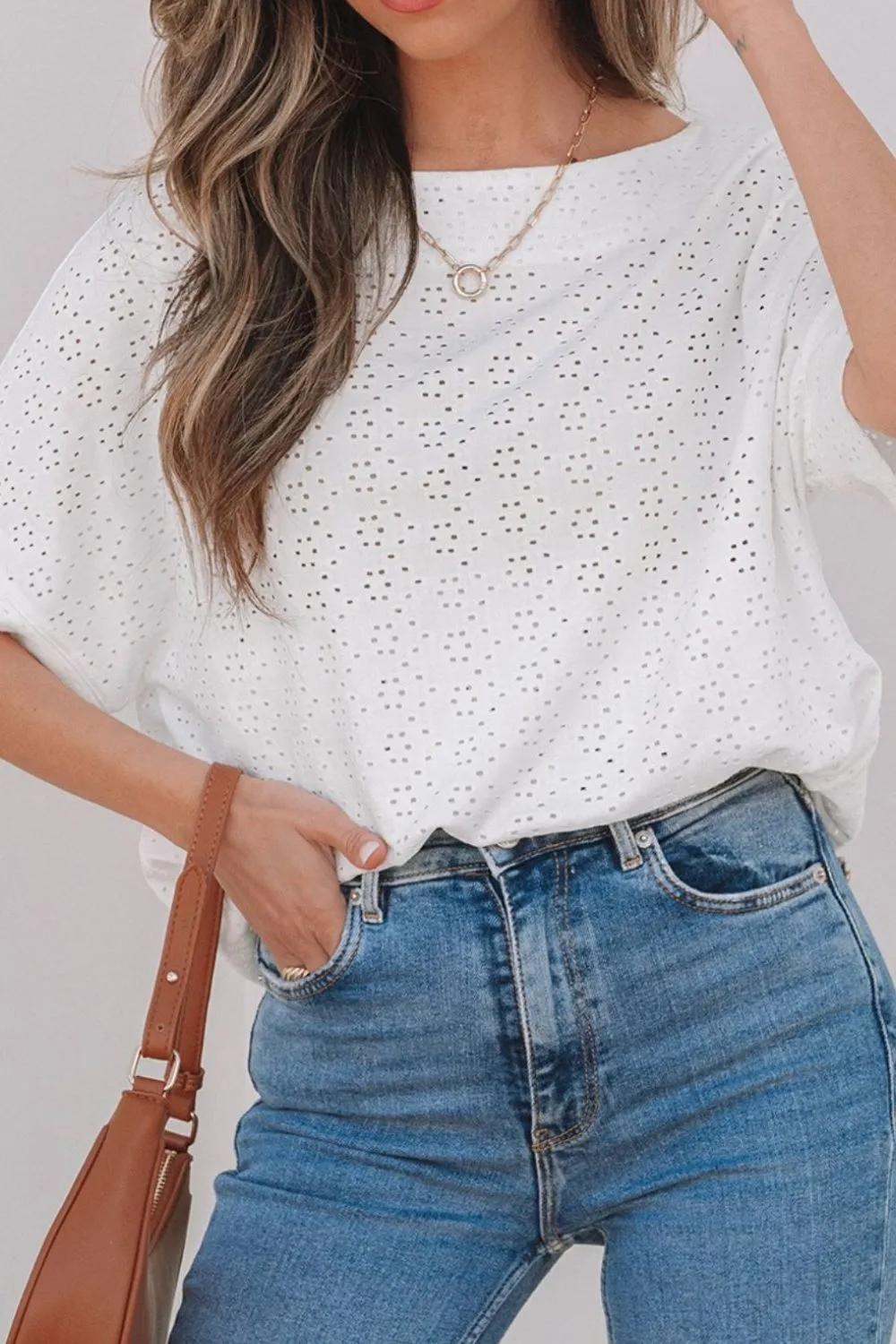 Eyelet Pattern Boat Neck Casual Tee - Image 5