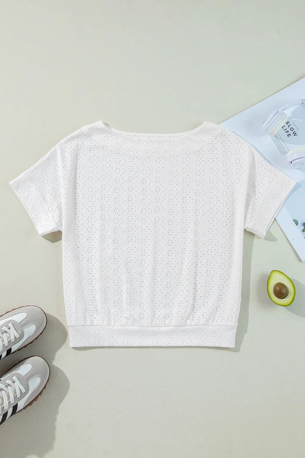 Eyelet Pattern Boat Neck Casual Tee - Image 6