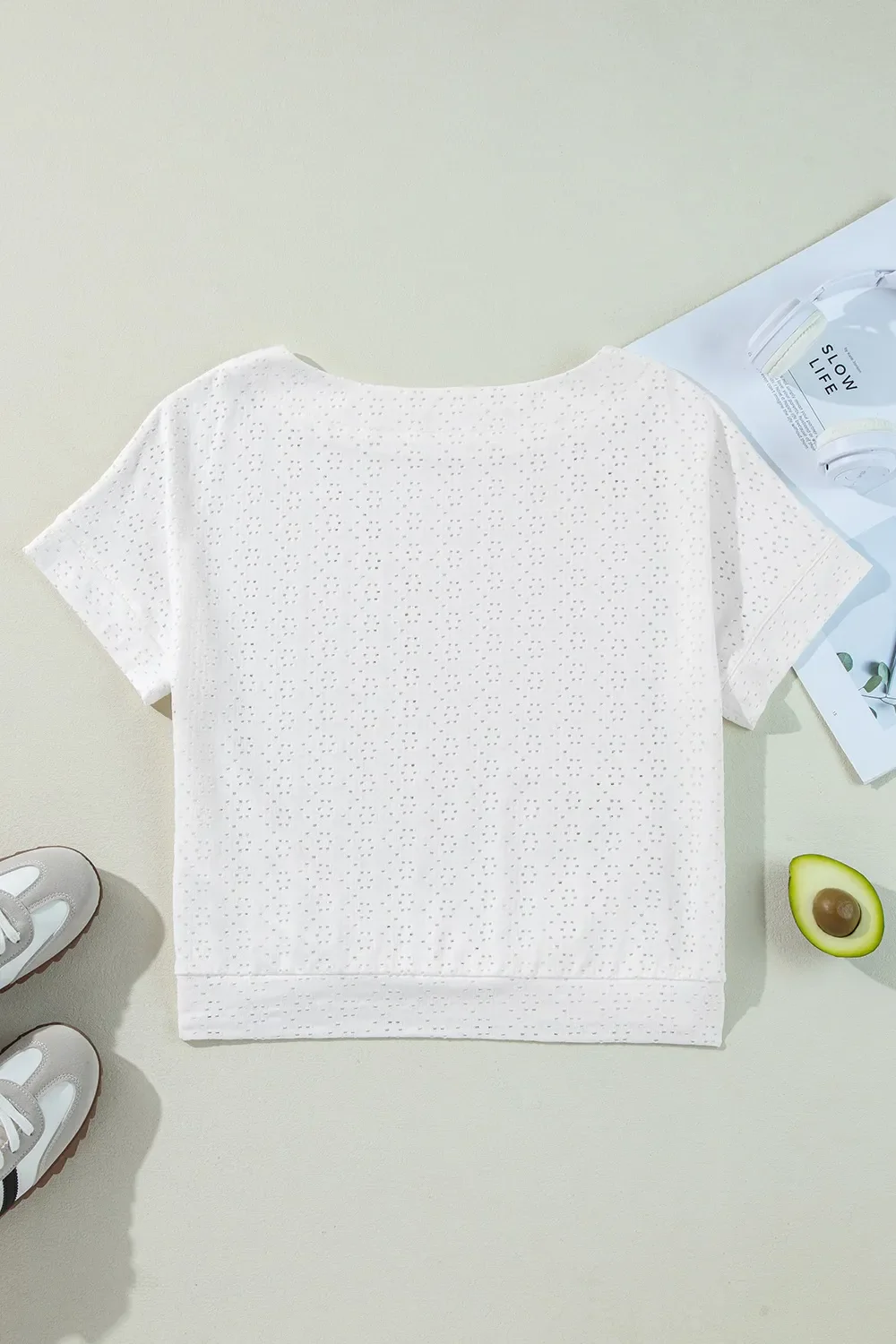 Eyelet Pattern Boat Neck Casual Tee - Image 7