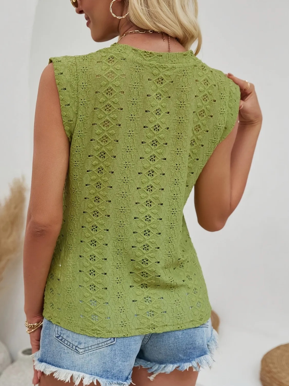 Eyelet Round Neck Cap Sleeve Top - Image 2