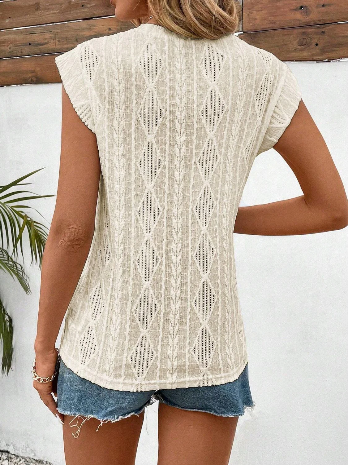 Eyelet Round Neck Cap Sleeve Top - Image 15