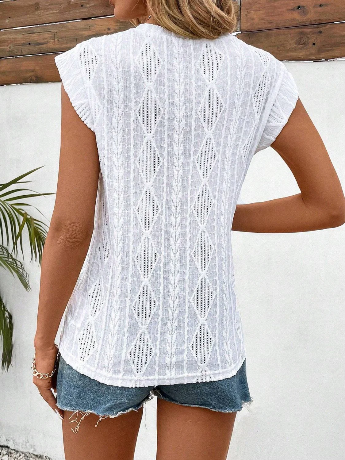 Eyelet Round Neck Cap Sleeve Top - Image 2