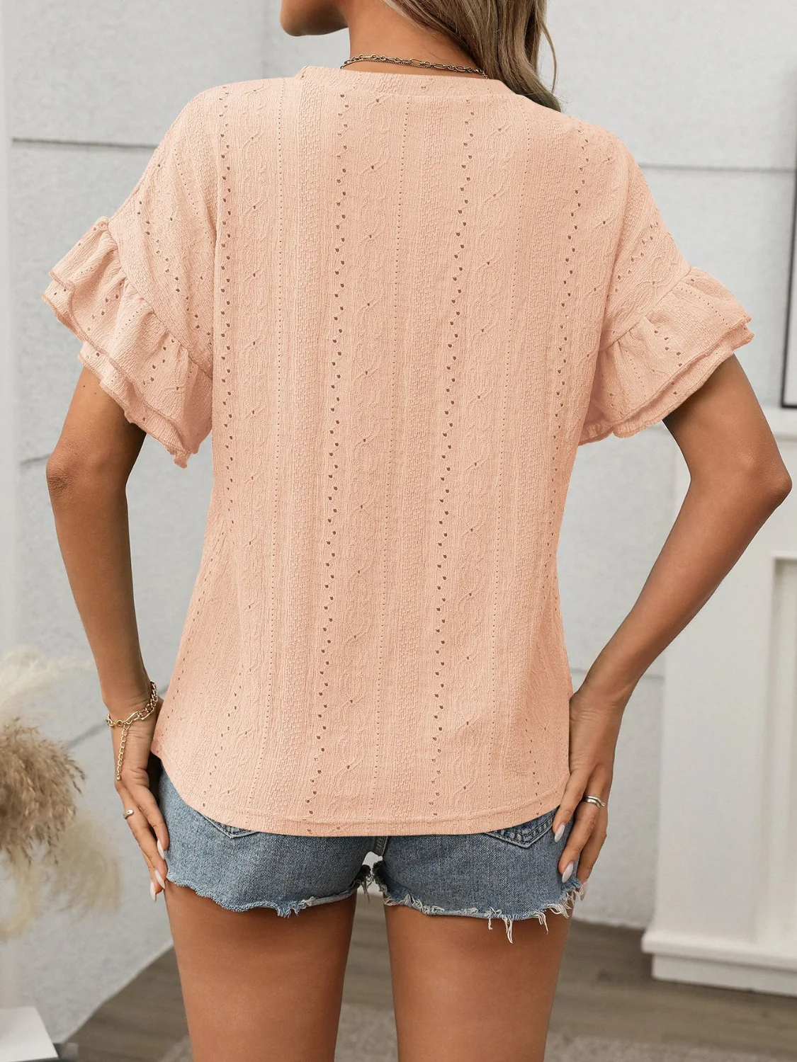 Eyelet Round Neck Flounce Sleeve Top - Image 11