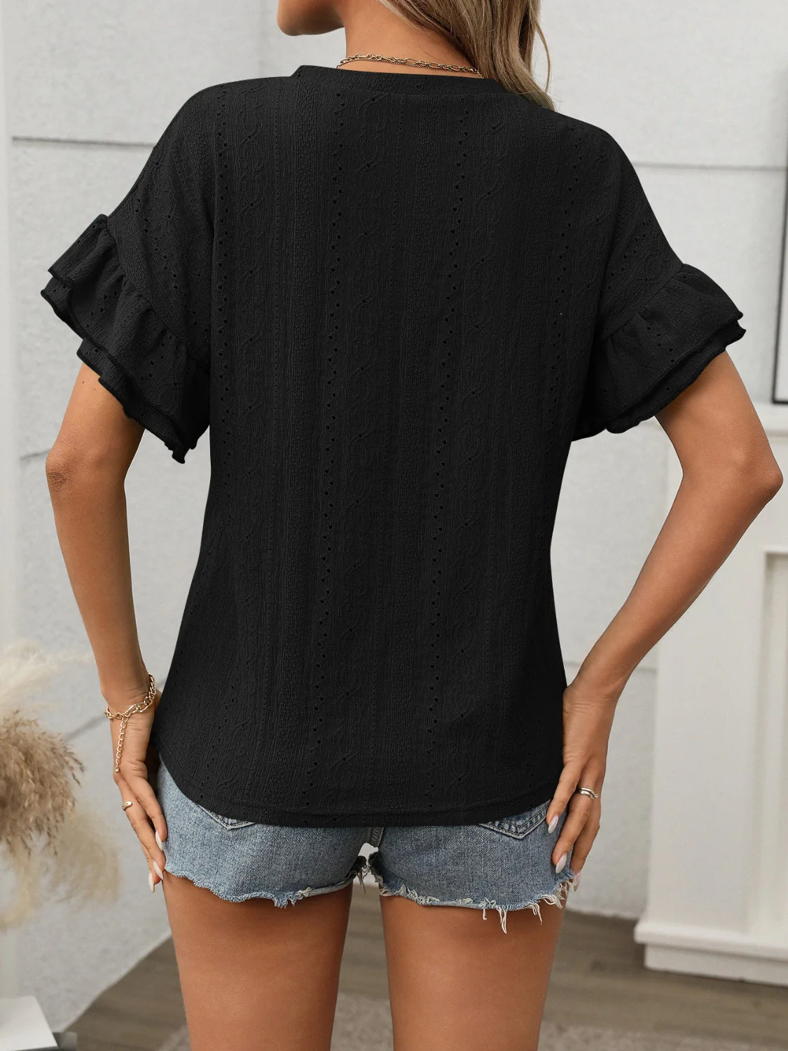 Eyelet Round Neck Flounce Sleeve Top - Image 16