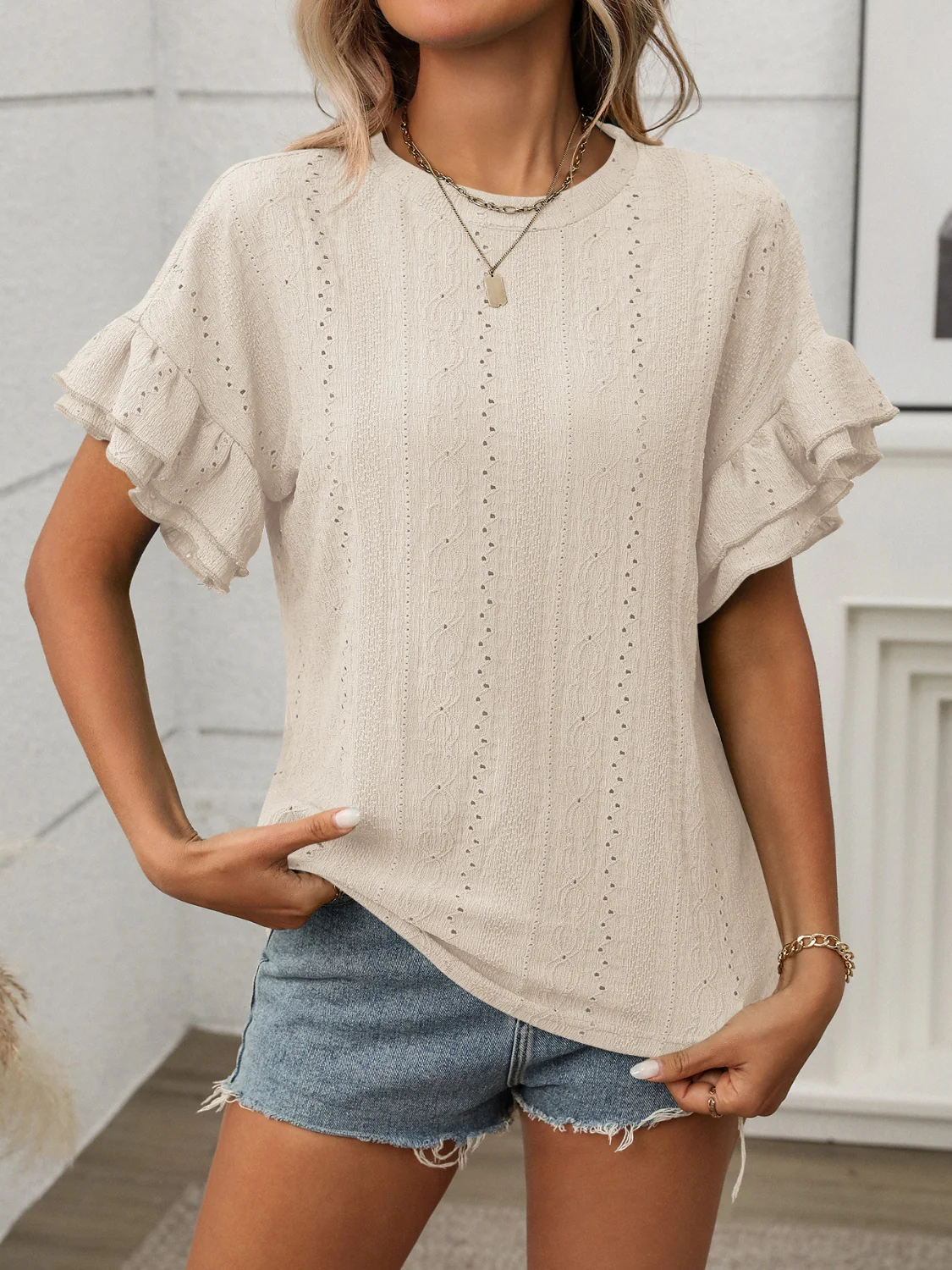 Eyelet Round Neck Flounce Sleeve Top - Image 20