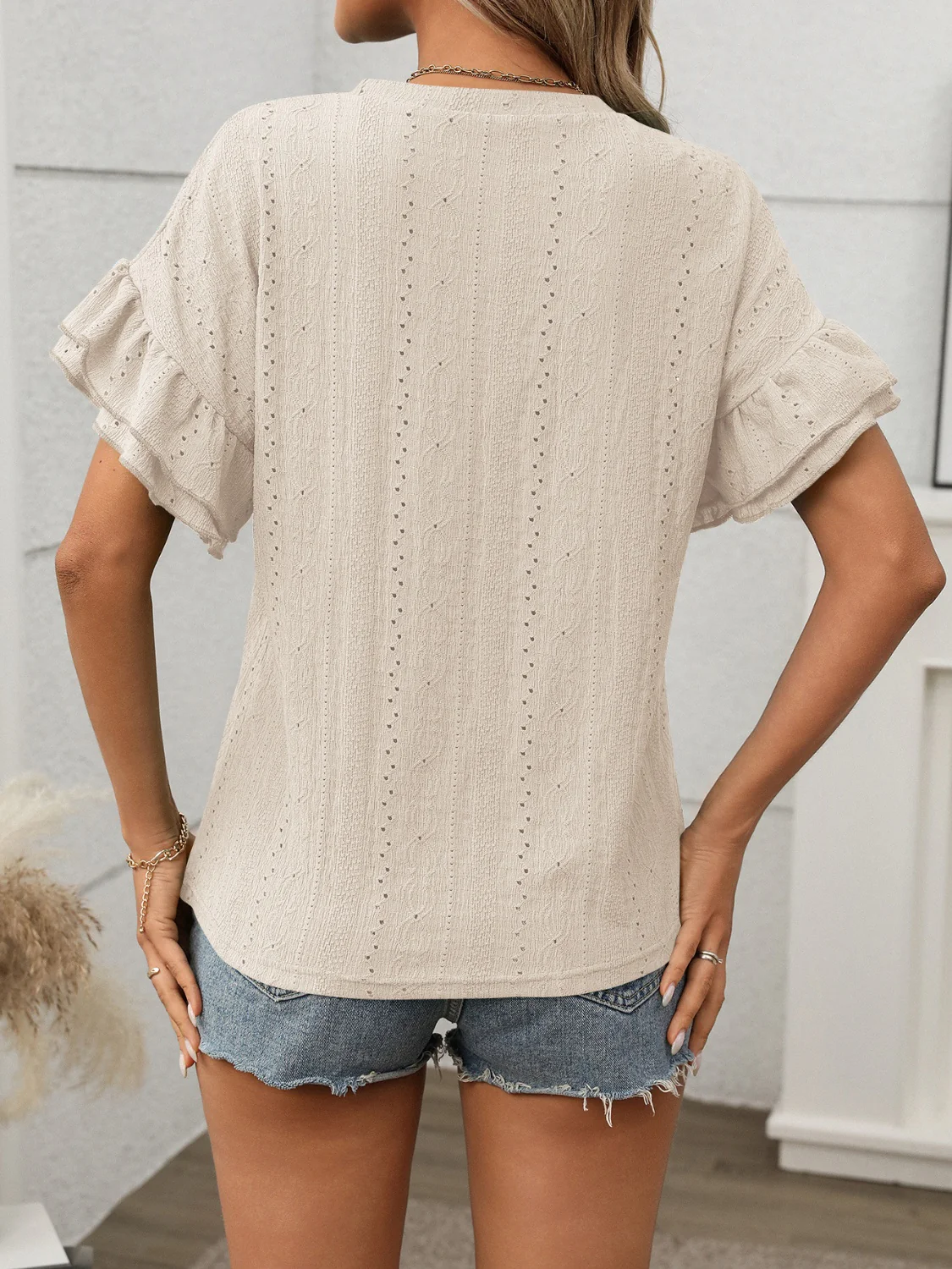 Eyelet Round Neck Flounce Sleeve Top - Image 21