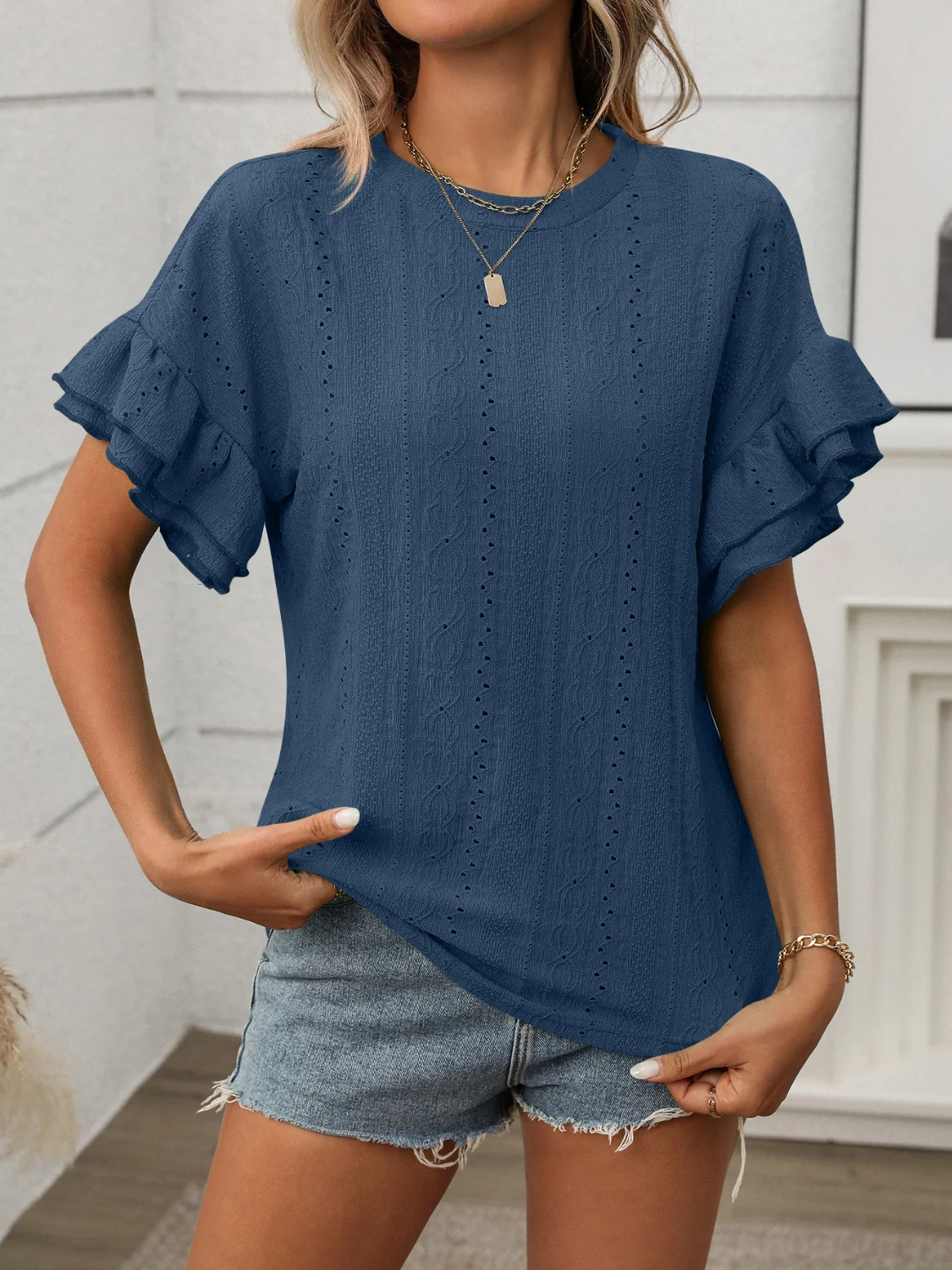 Eyelet Round Neck Flounce Sleeve Top - Image 22
