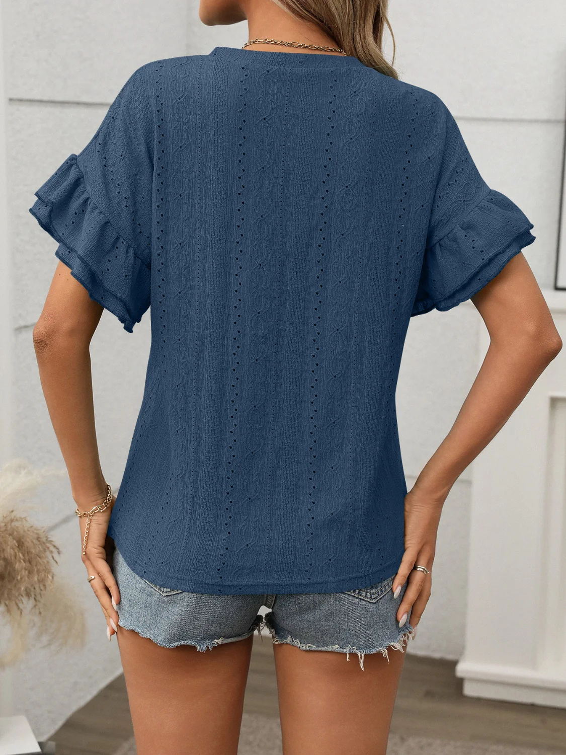 Eyelet Round Neck Flounce Sleeve Top - Image 26