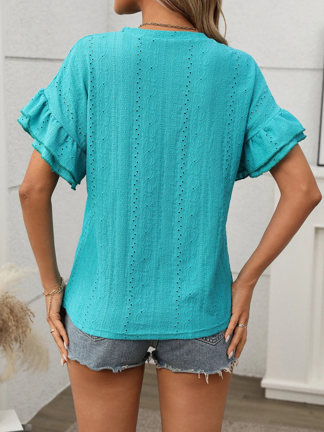 Eyelet Round Neck Flounce Sleeve Top - Image 3