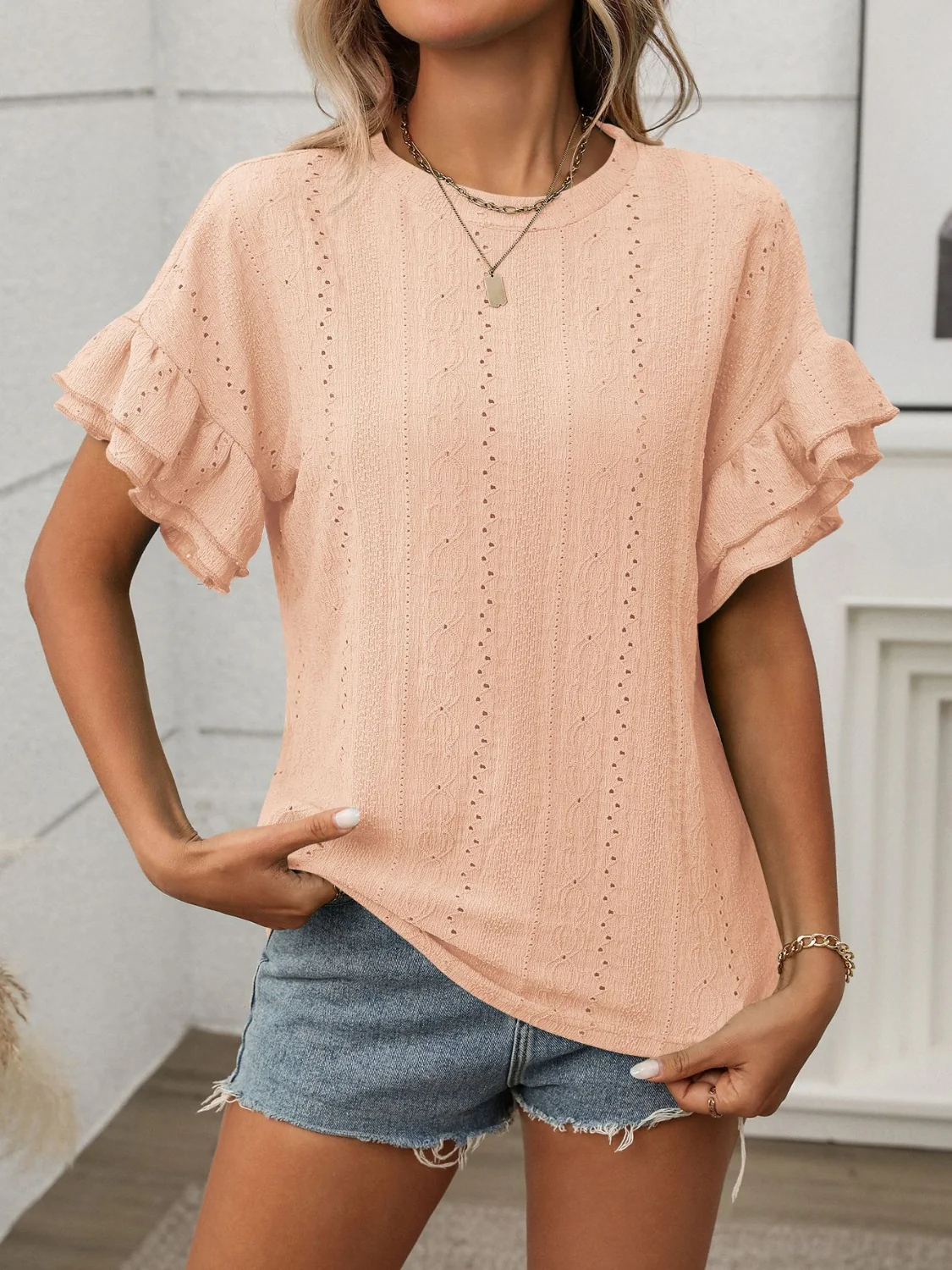 Eyelet Round Neck Flounce Sleeve Top - Image 9