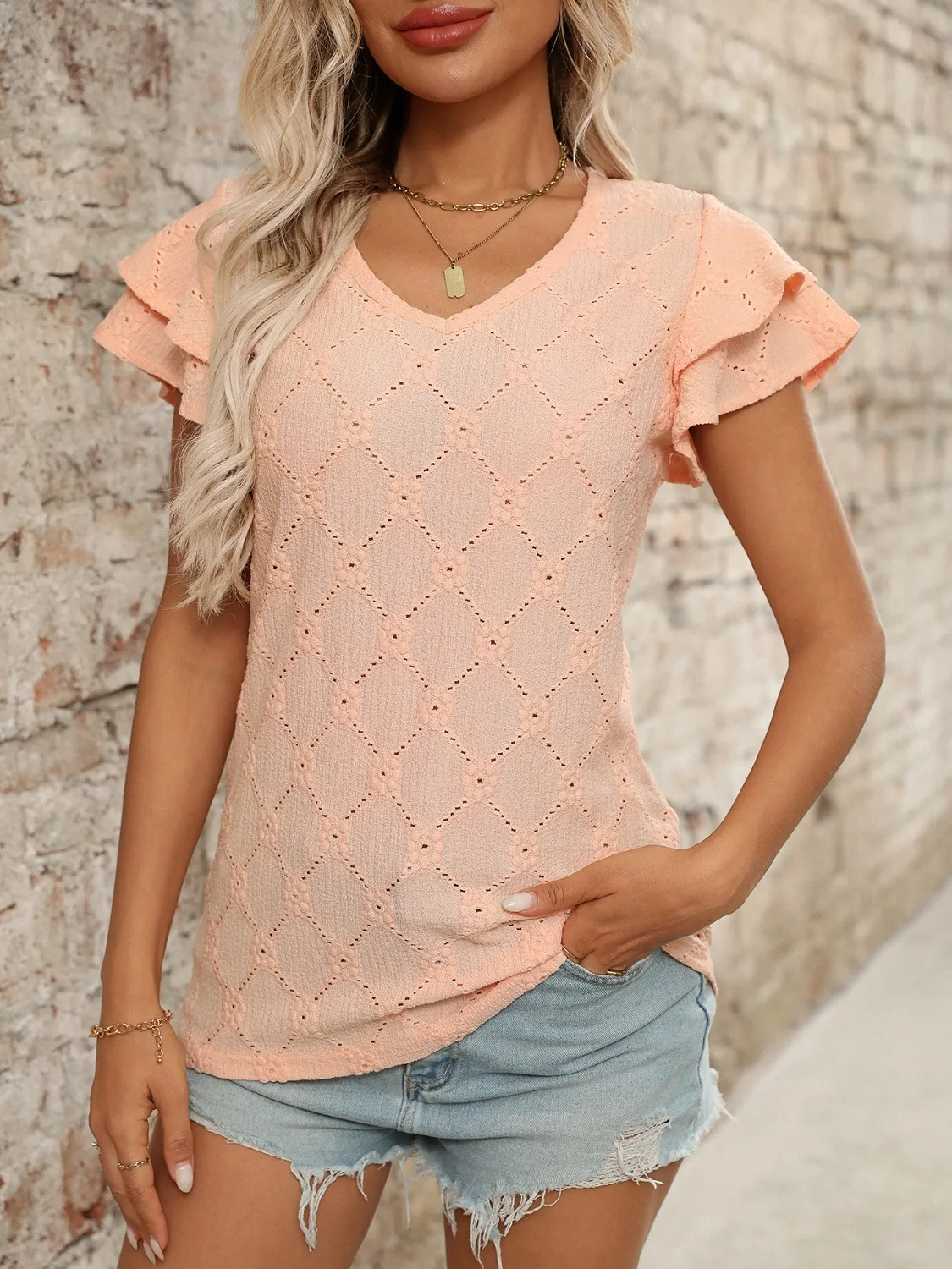 Eyelet V-Neck Ruffled Cap Sleeve Top - Image 10