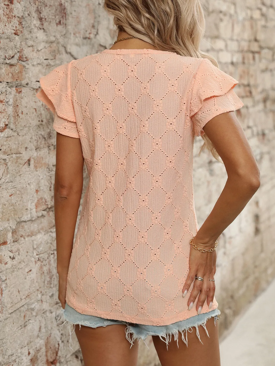 Eyelet V-Neck Ruffled Cap Sleeve Top - Image 11