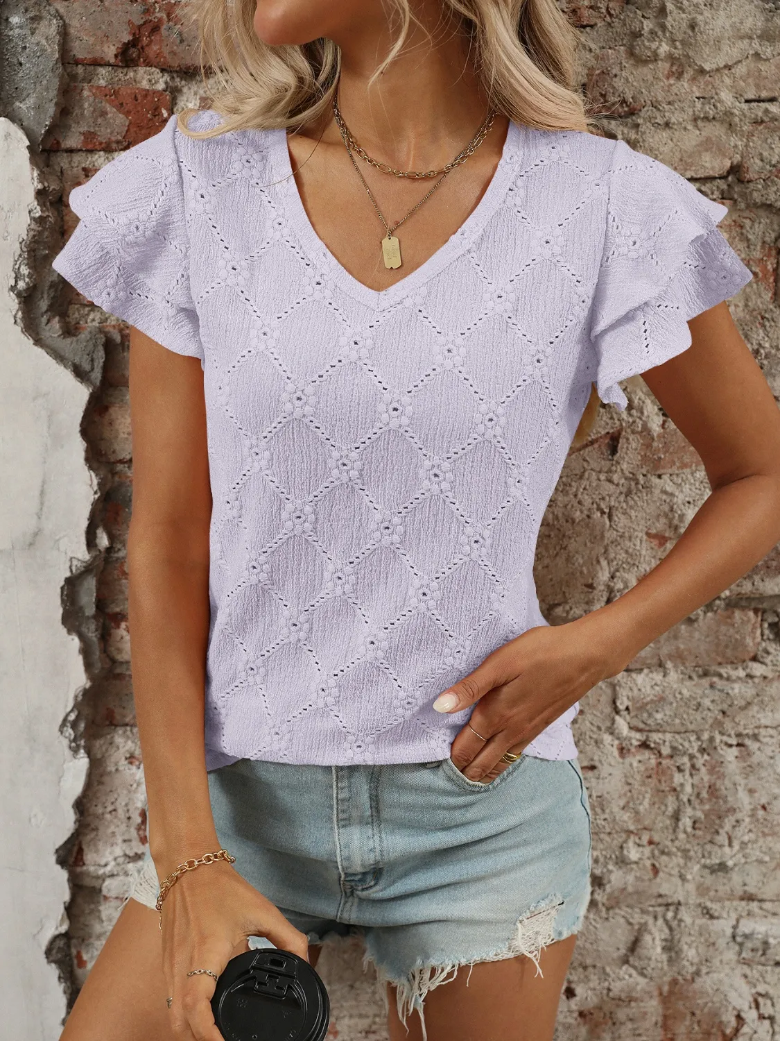 Eyelet V-Neck Ruffled Cap Sleeve Top - Image 14