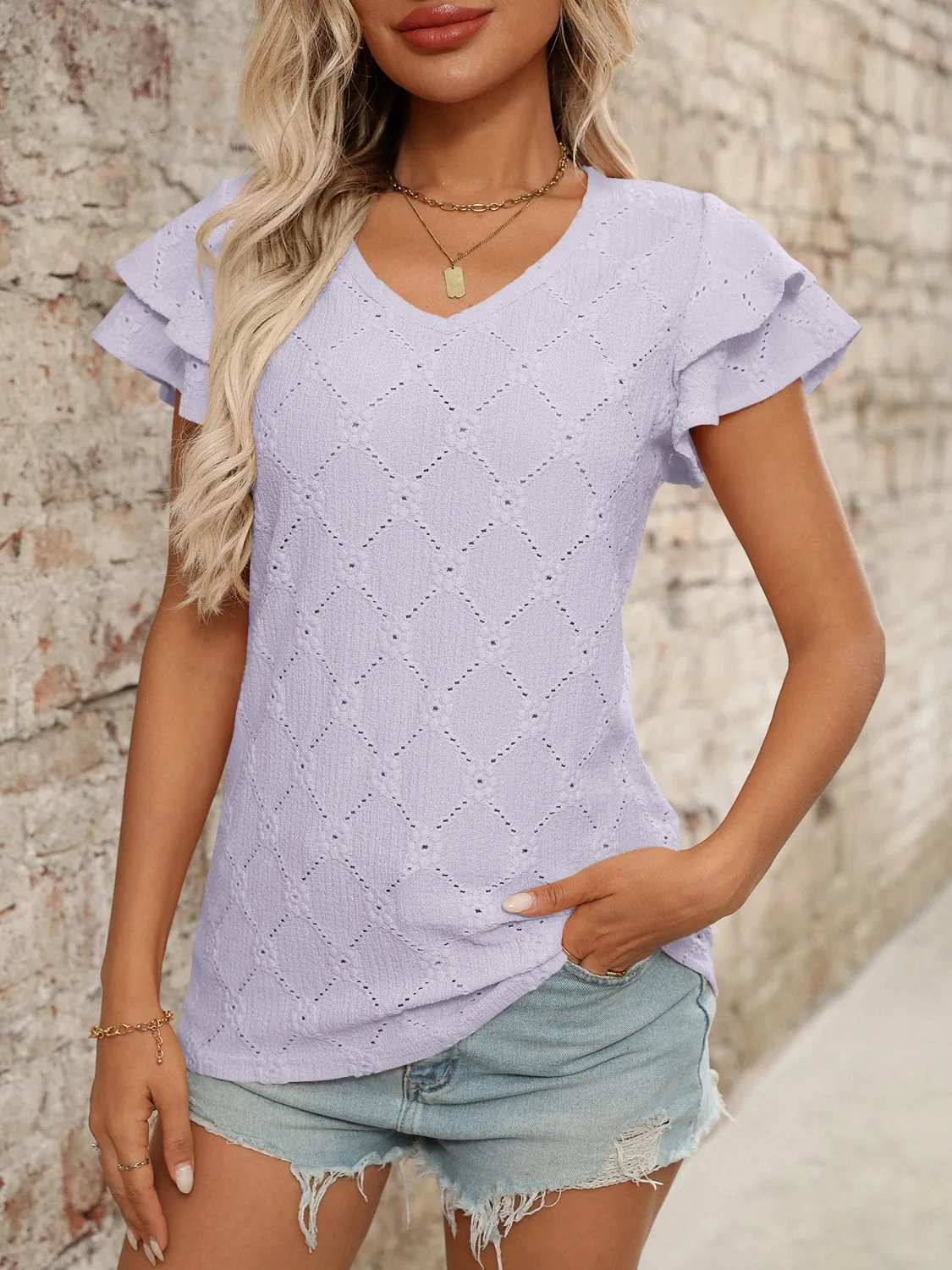 Eyelet V-Neck Ruffled Cap Sleeve Top - Image 15