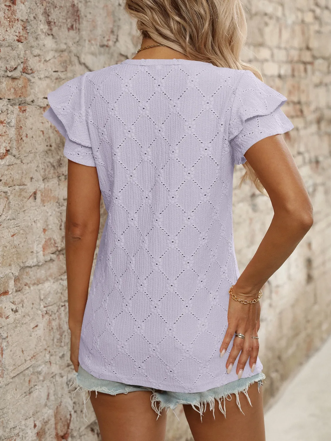 Eyelet V-Neck Ruffled Cap Sleeve Top - Image 16