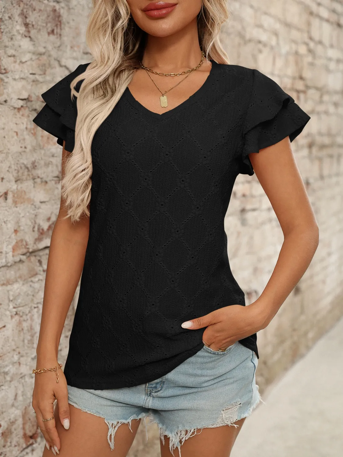 Eyelet V-Neck Ruffled Cap Sleeve Top - Image 19
