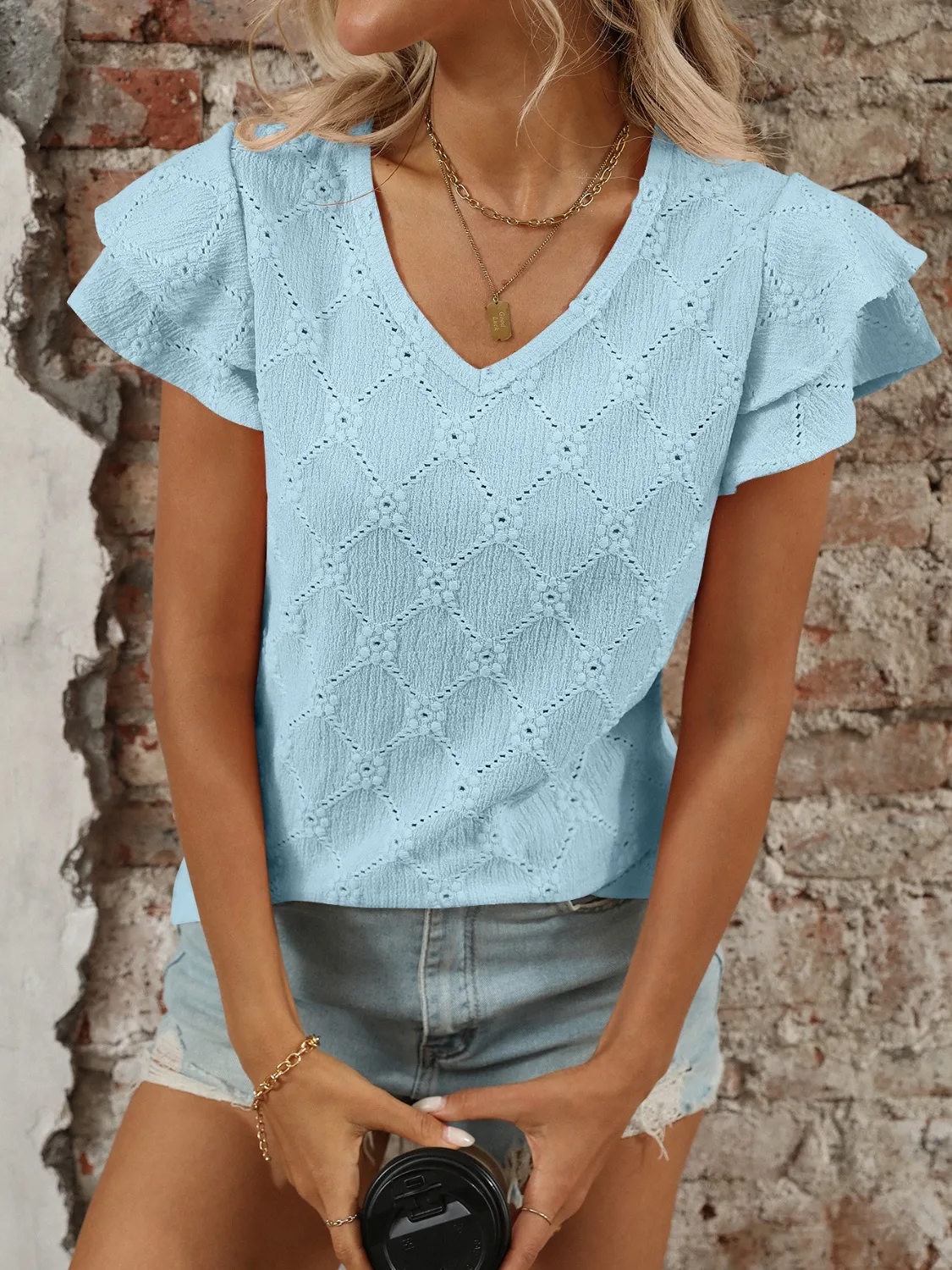 Eyelet V-Neck Ruffled Cap Sleeve Top - Image 2