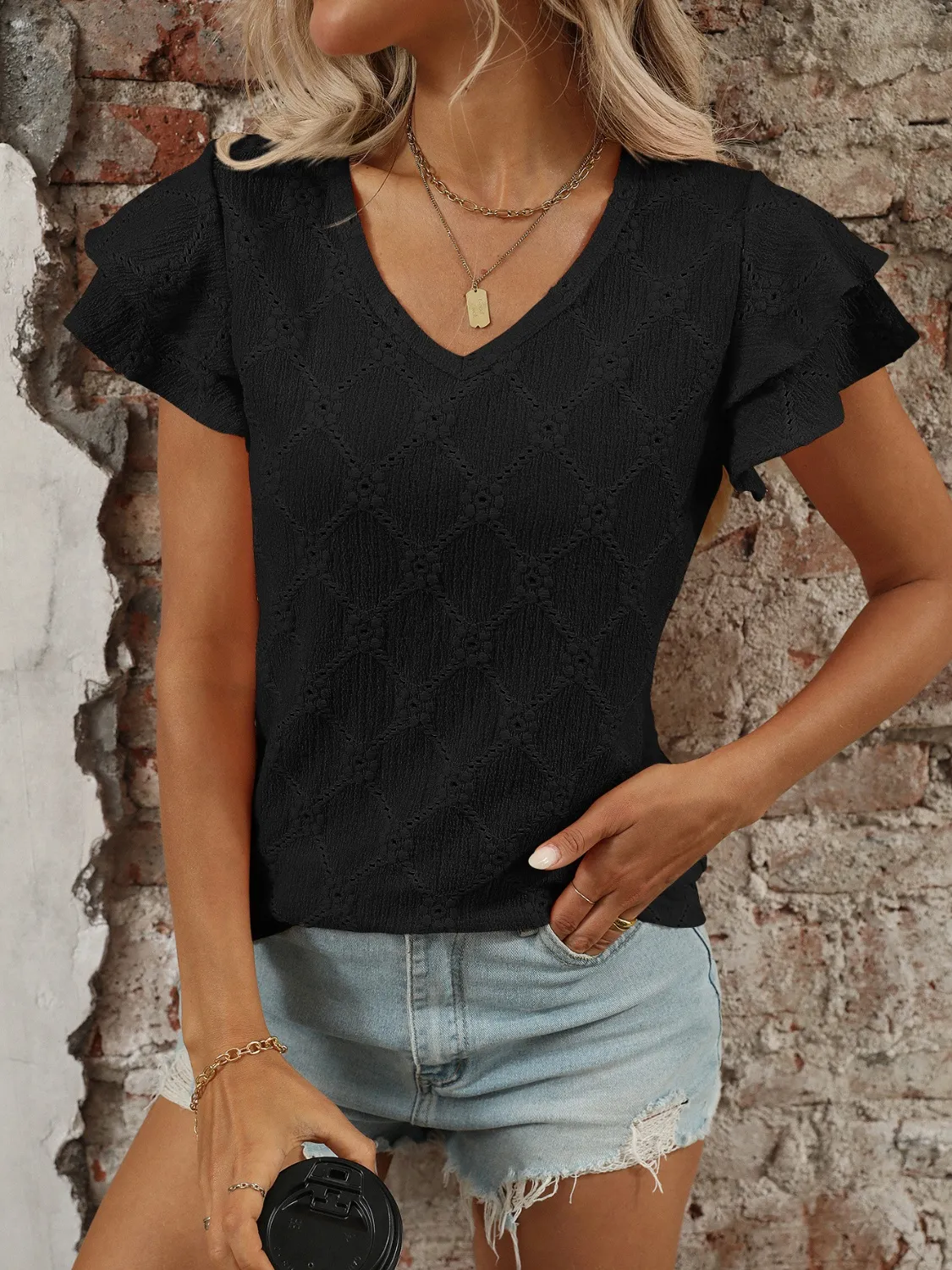 Eyelet V-Neck Ruffled Cap Sleeve Top - Image 20