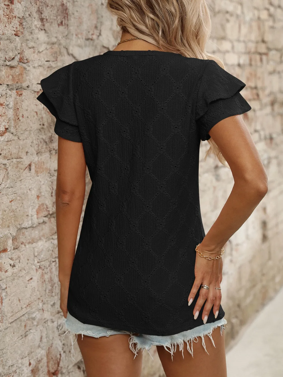 Eyelet V-Neck Ruffled Cap Sleeve Top - Image 21