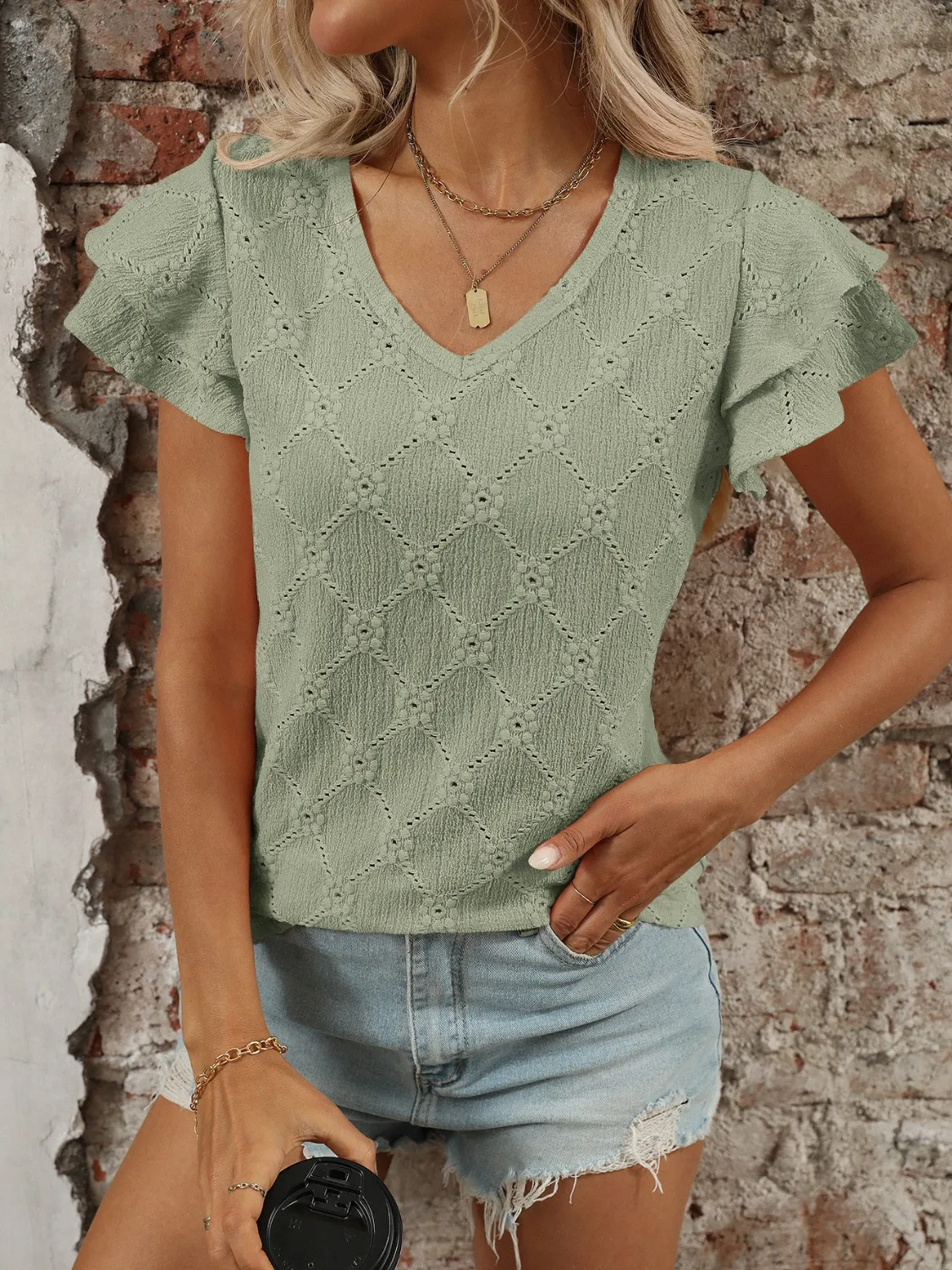 Eyelet V-Neck Ruffled Cap Sleeve Top - Image 24