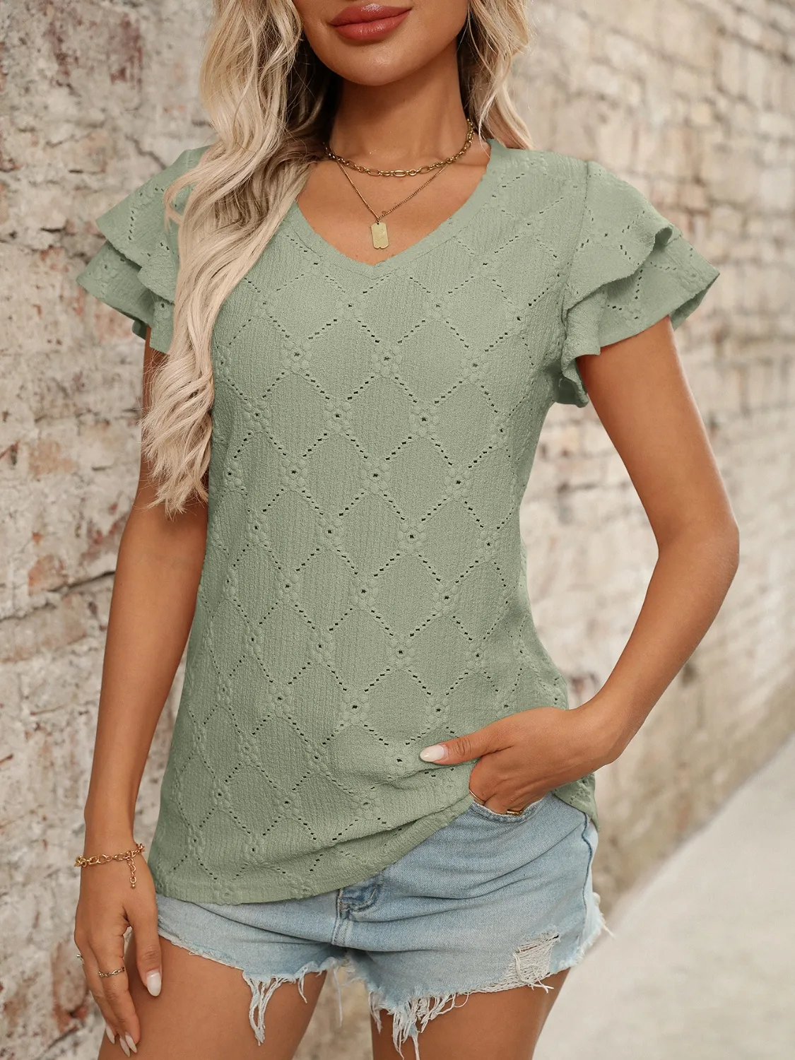 Eyelet V-Neck Ruffled Cap Sleeve Top - Image 25