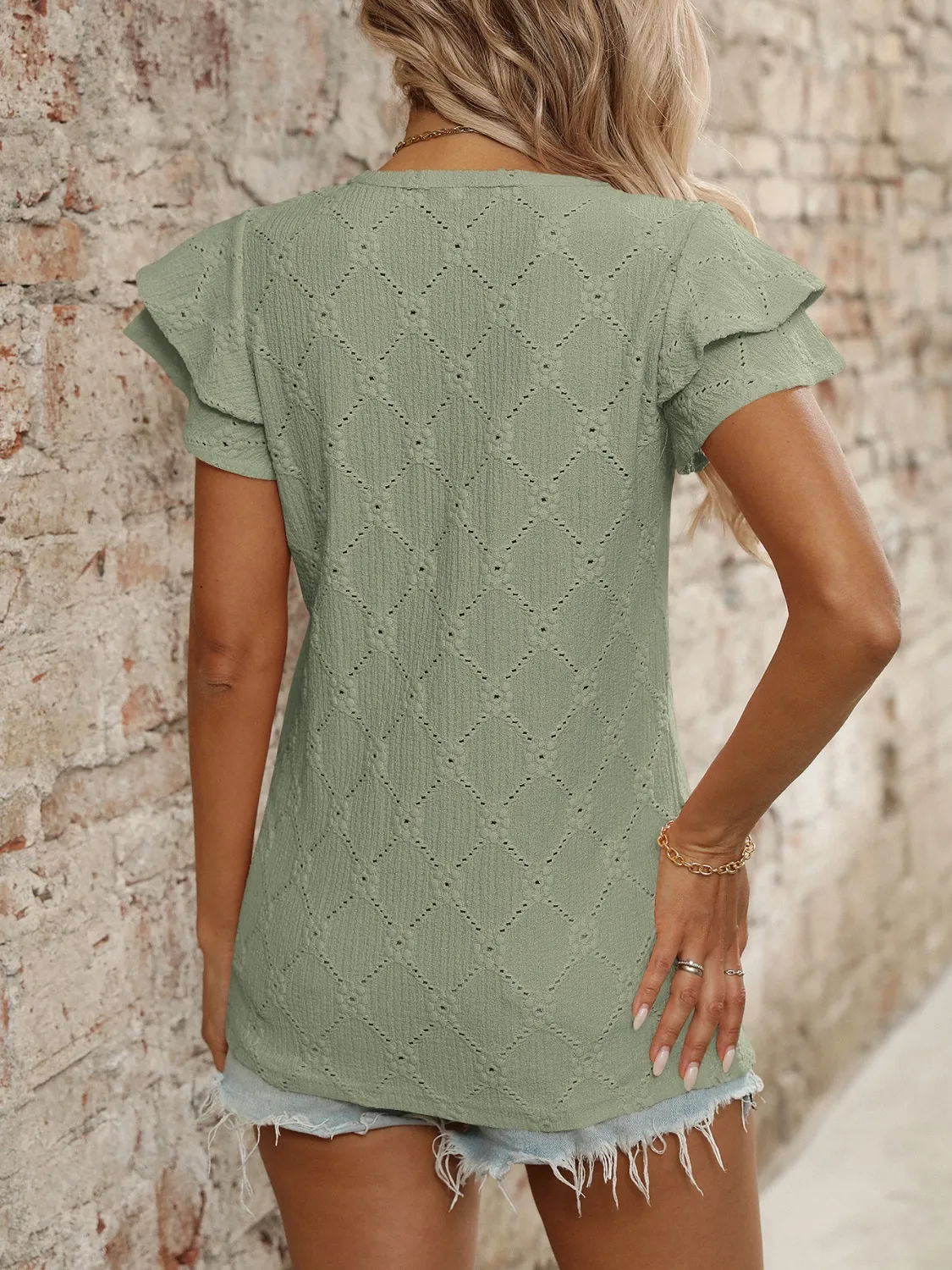 Eyelet V-Neck Ruffled Cap Sleeve Top - Image 26