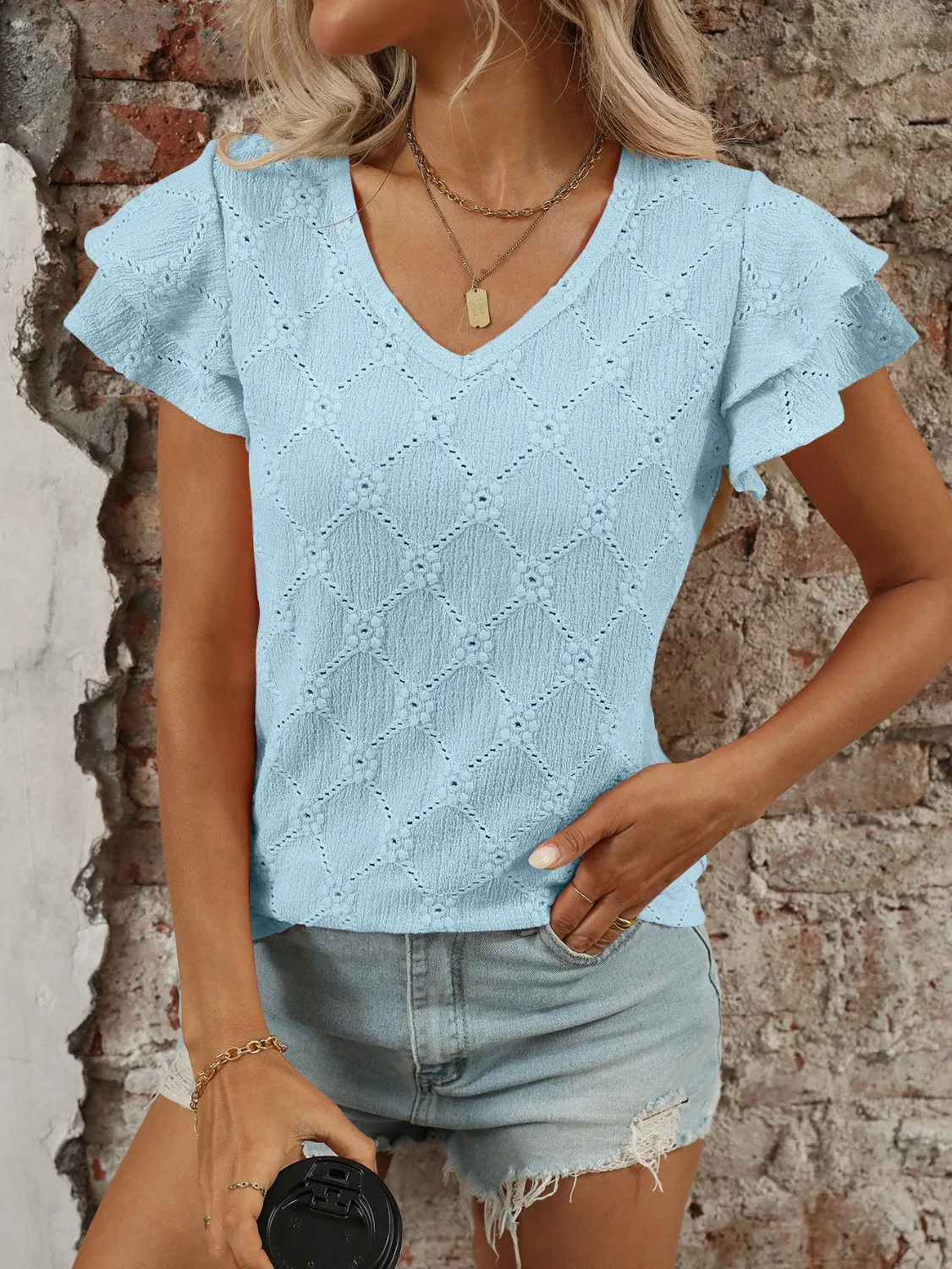 Eyelet V-Neck Ruffled Cap Sleeve Top - Image 3