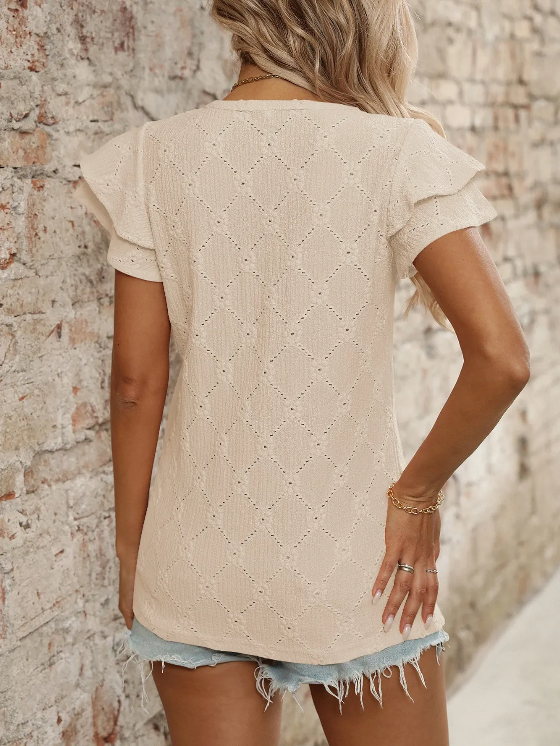 Eyelet V-Neck Ruffled Cap Sleeve Top - Image 31