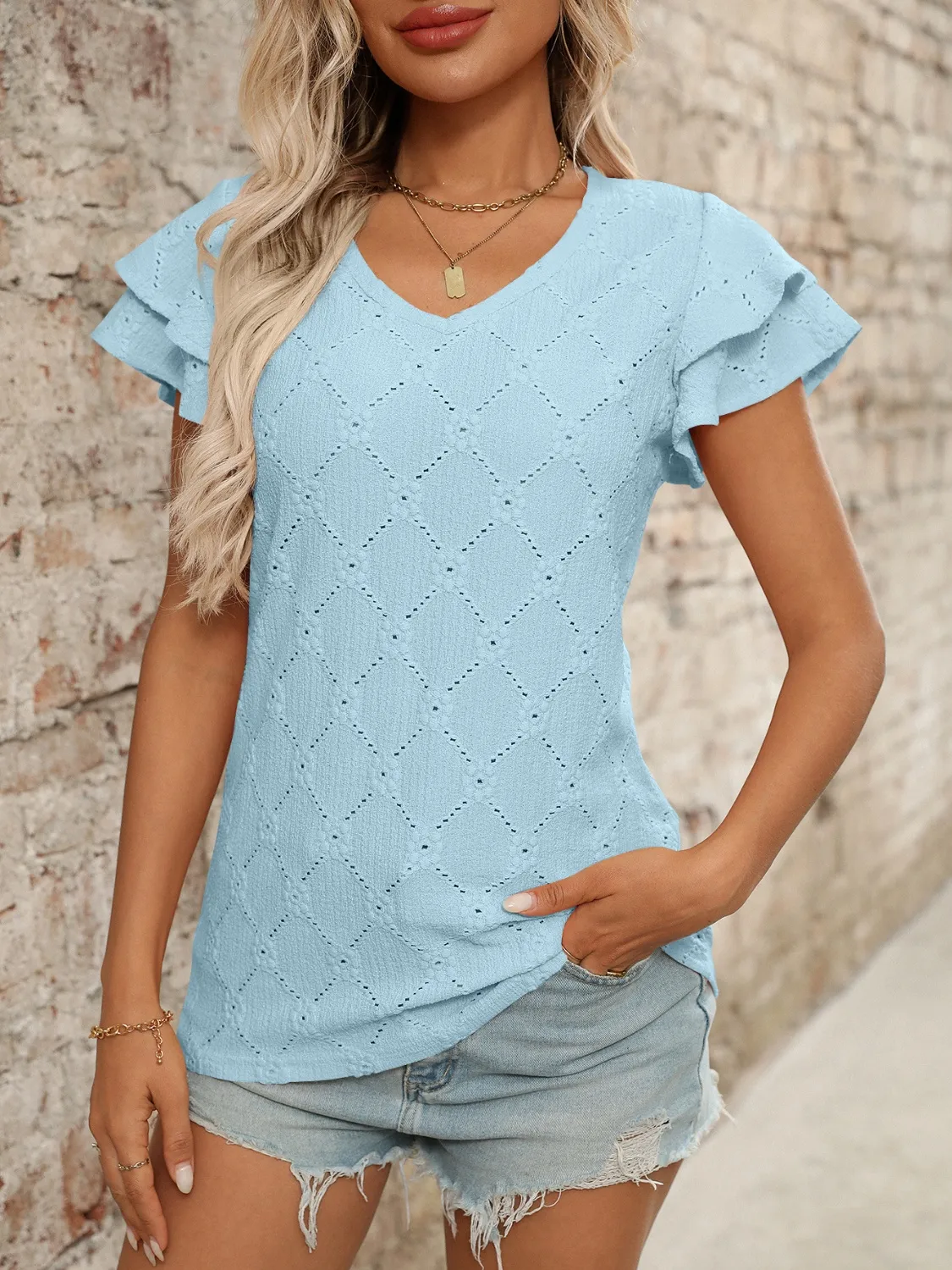 Eyelet V-Neck Ruffled Cap Sleeve Top - Image 4