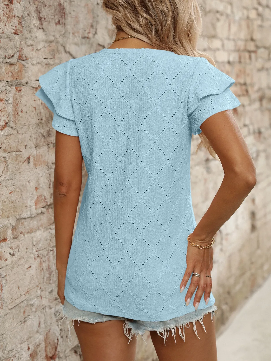 Eyelet V-Neck Ruffled Cap Sleeve Top - Image 5