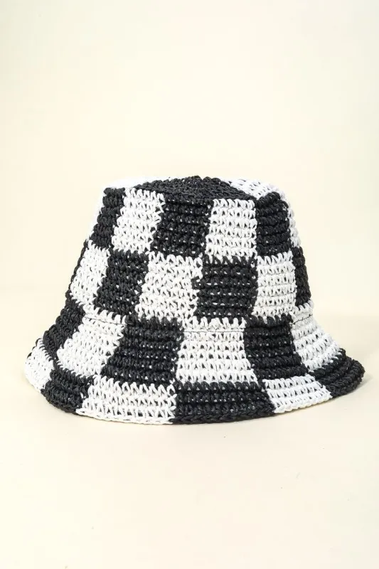Fame Checkered Pattern Knit Bucket Hat