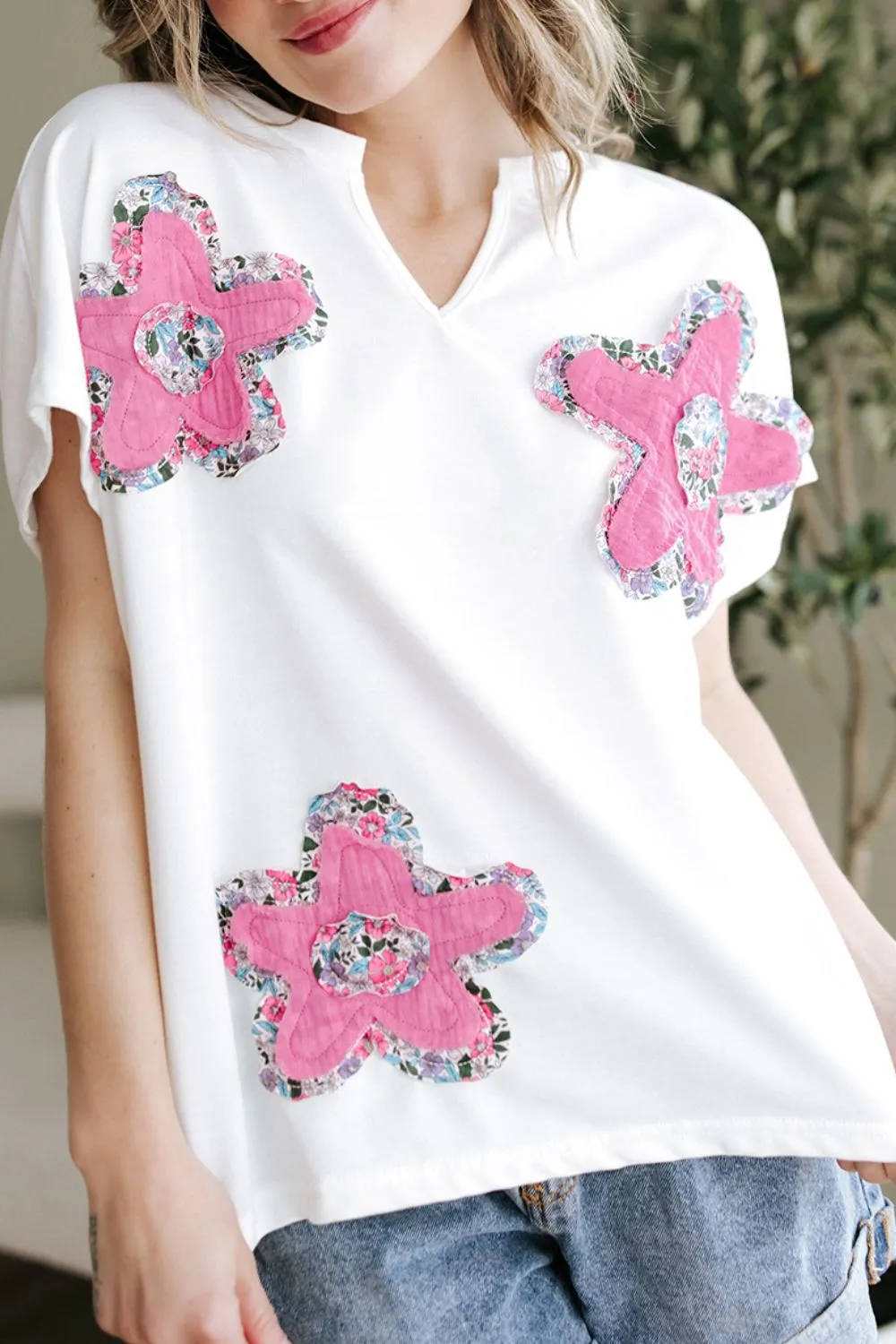 Floral Applique Notched Dolman Sleeve Top - Image 3