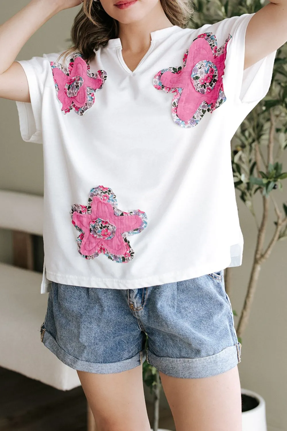 Floral Applique Notched Dolman Sleeve Top - Image 4