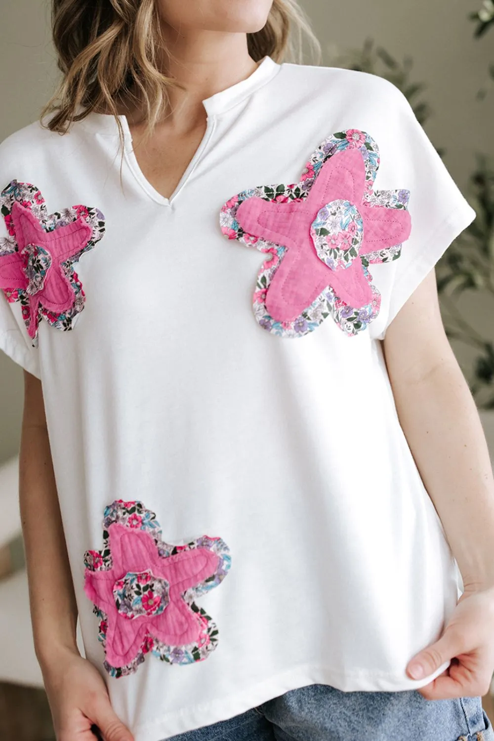 Floral Applique Notched Dolman Sleeve Top - Image 5