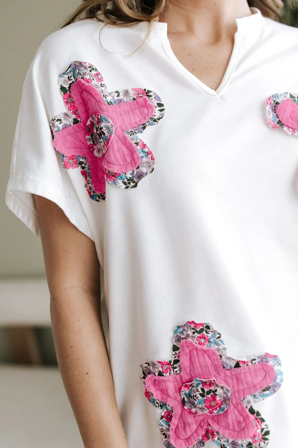 Floral Applique Notched Dolman Sleeve Top - Image 6