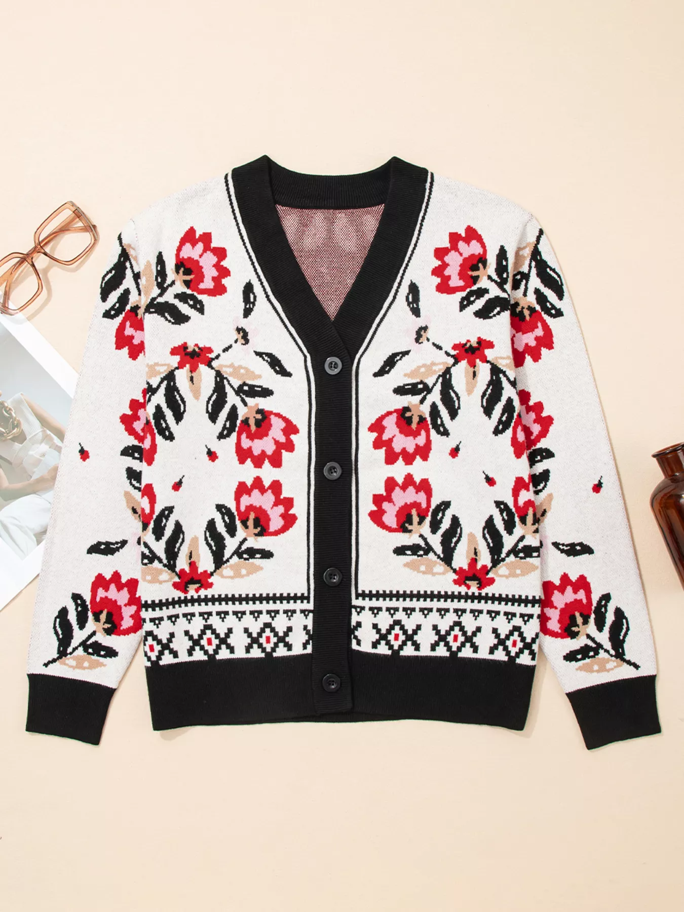 Floral Button Down Cardigan with Geometric Border - Image 2