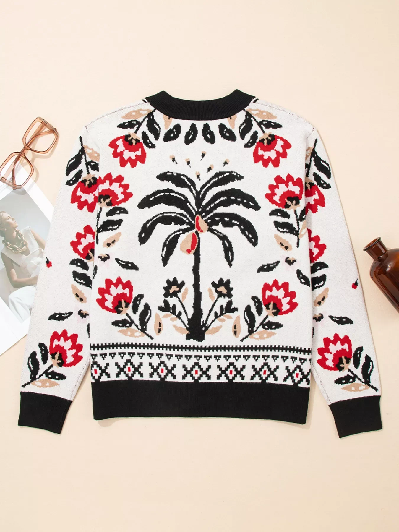 Floral Button Down Cardigan with Geometric Border - Image 3