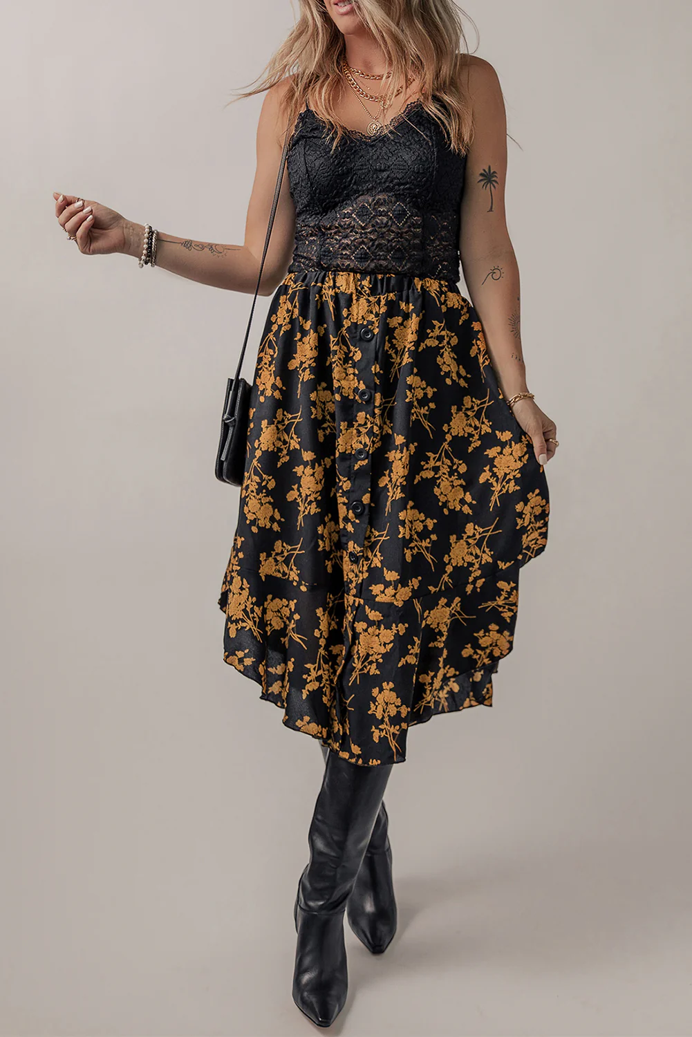 Floral Buttoned Ruffle Hem Skirt - Image 5
