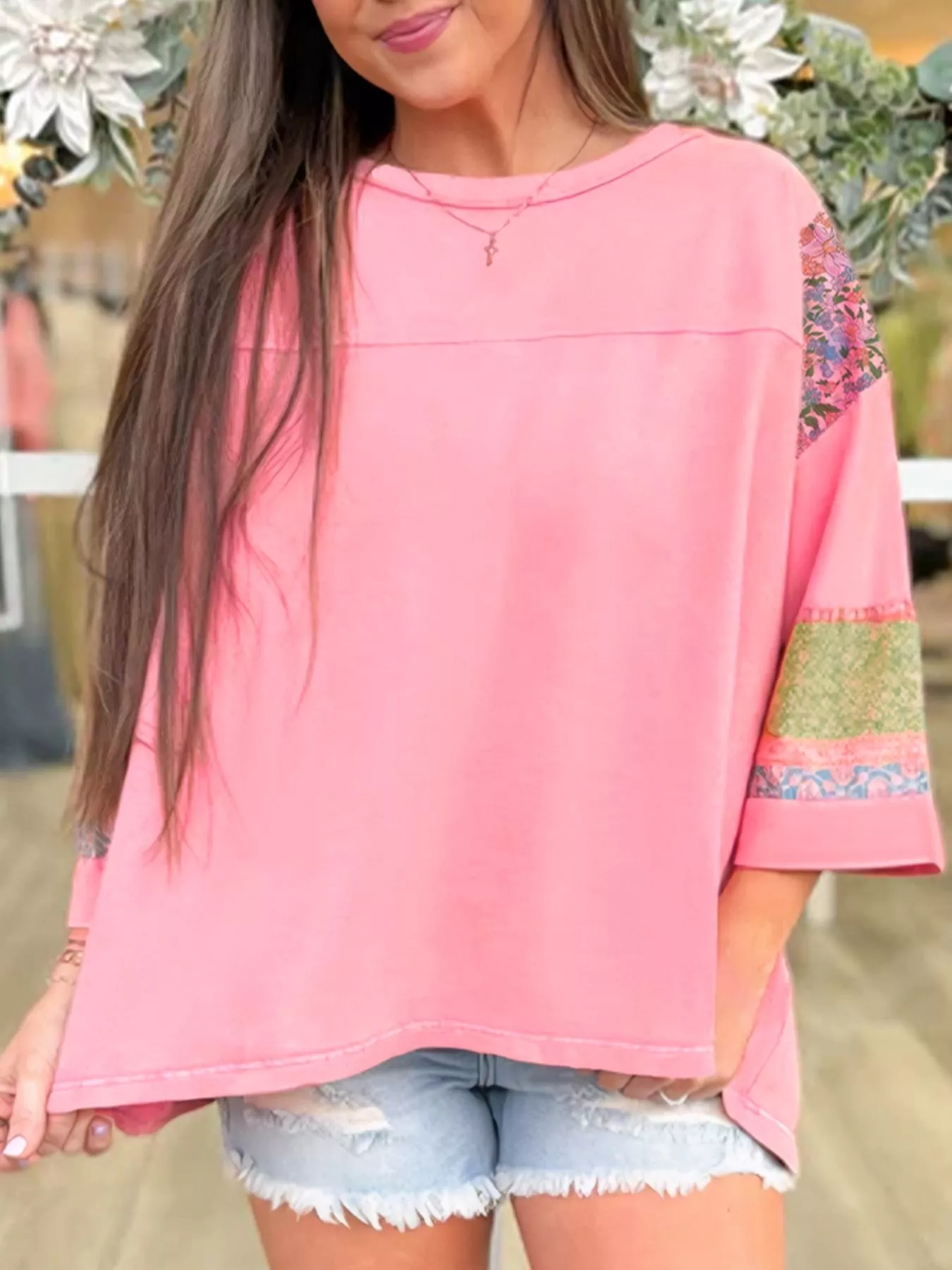 Floral Color Block Patchwork Long Sleeve Top - Image 2