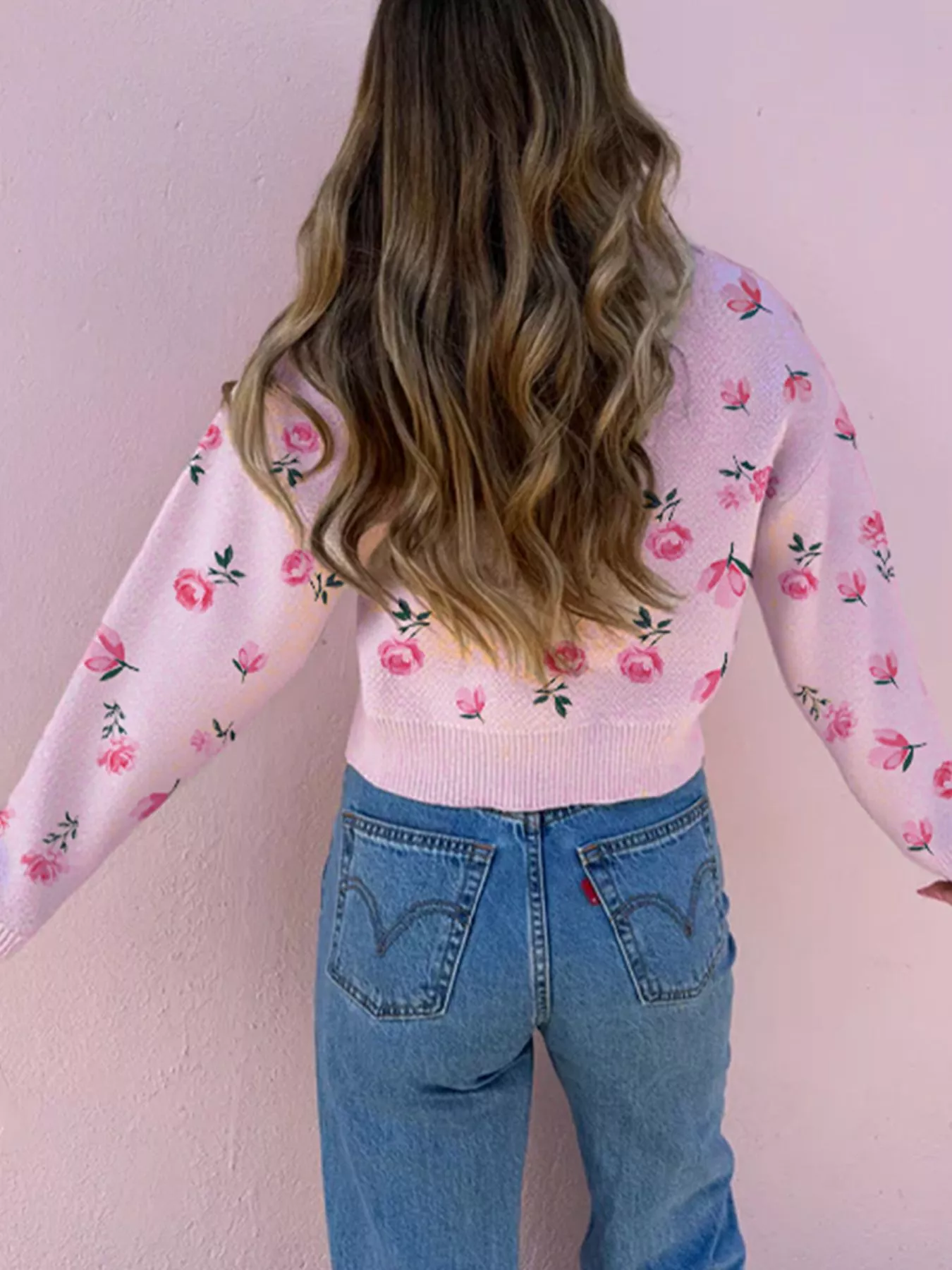 Floral Drop Shoulder Cropped Sweater - Image 2