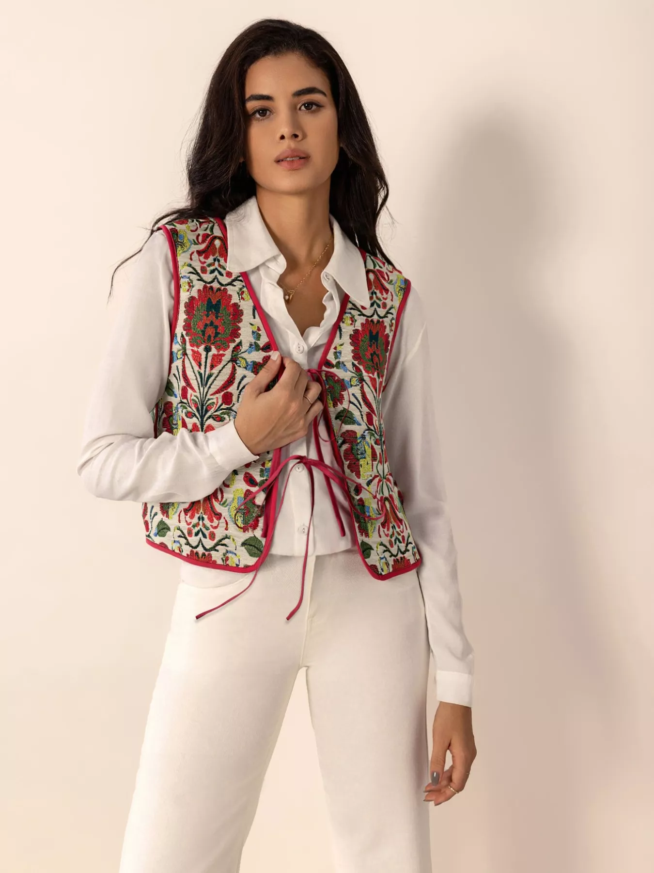 Floral Embroidered Tie-Front Vest Coat - Image 10