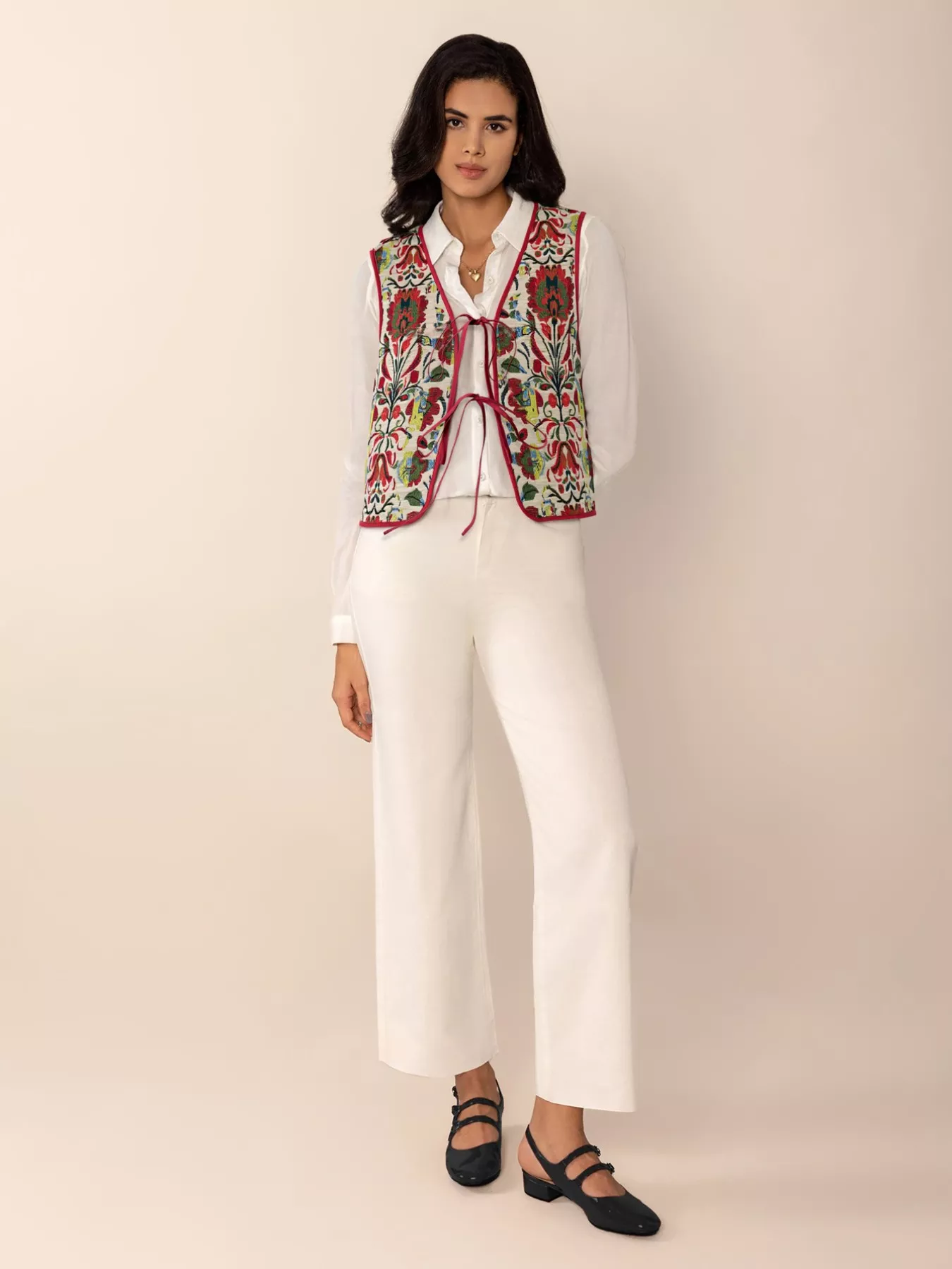 Floral Embroidered Tie-Front Vest Coat - Image 11