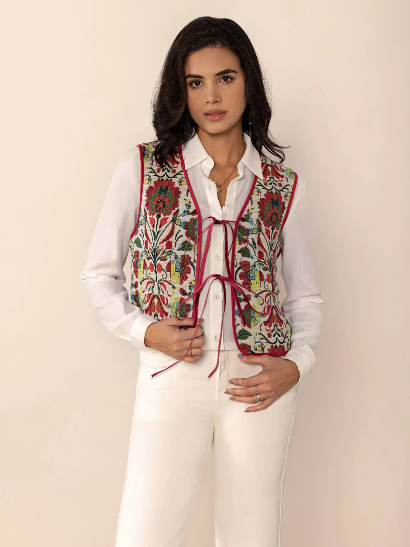 Floral Embroidered Tie-Front Vest Coat - Image 6