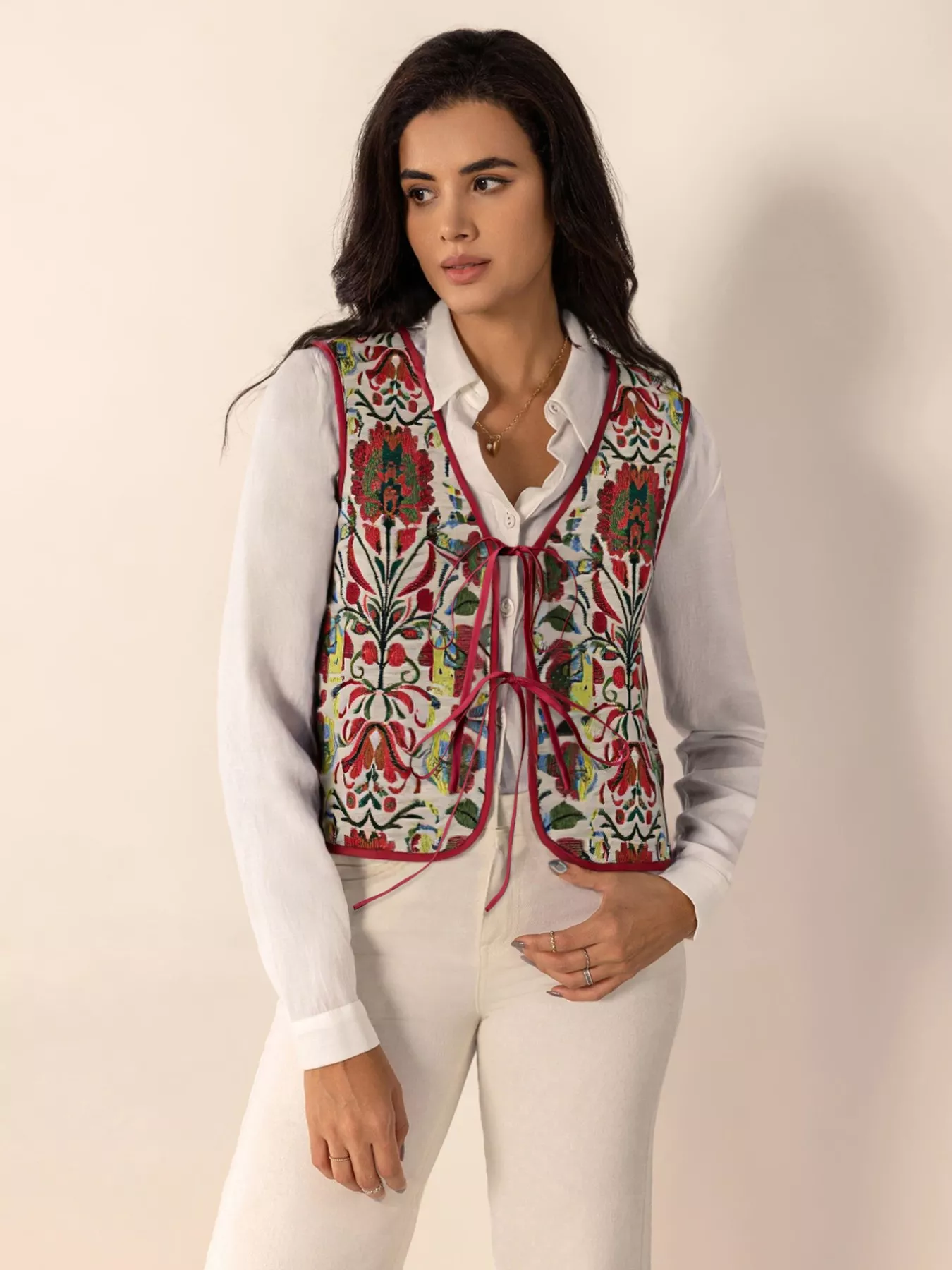 Floral Embroidered Tie-Front Vest Coat - Image 7