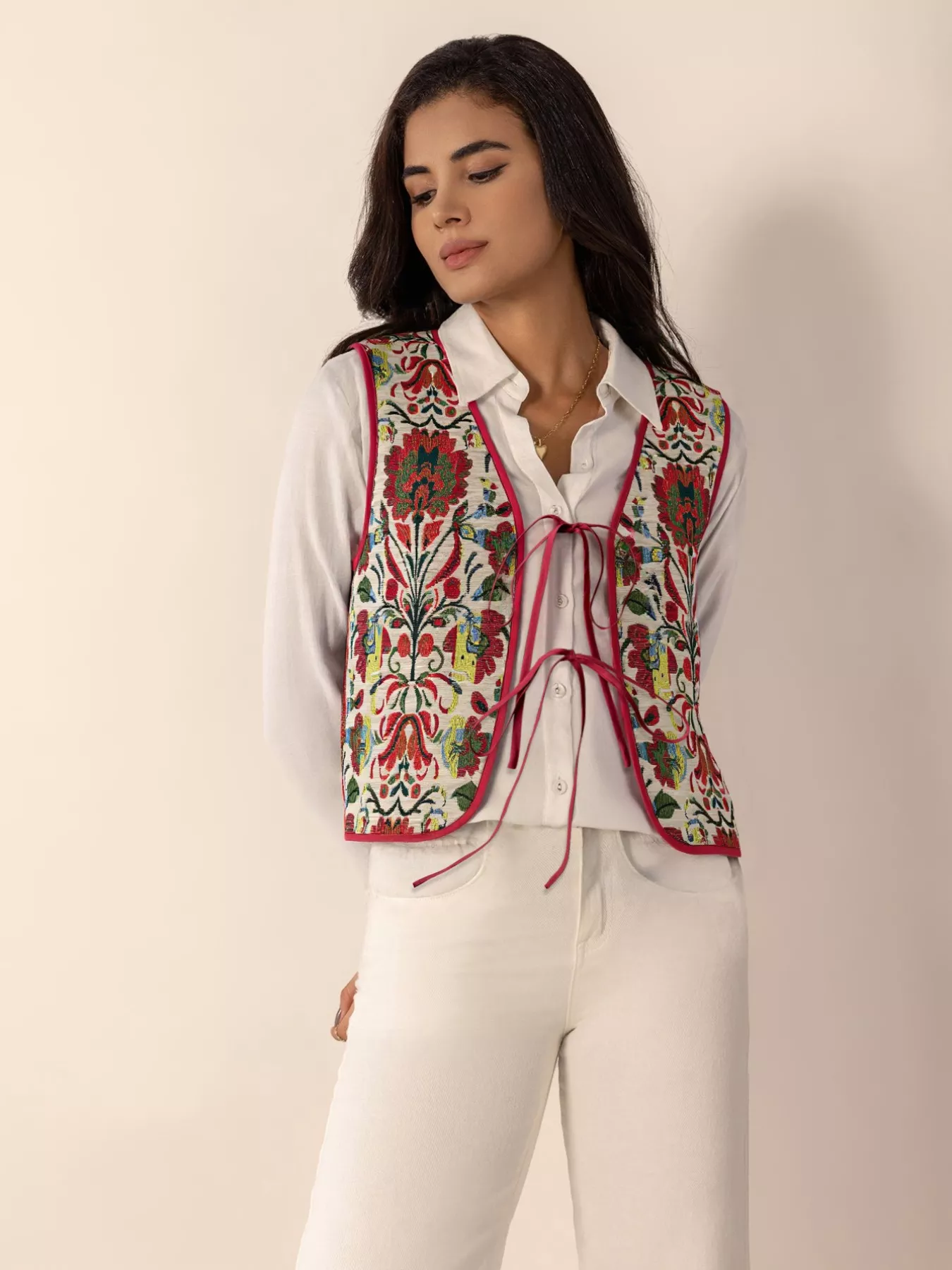 Floral Embroidered Tie-Front Vest Coat - Image 8