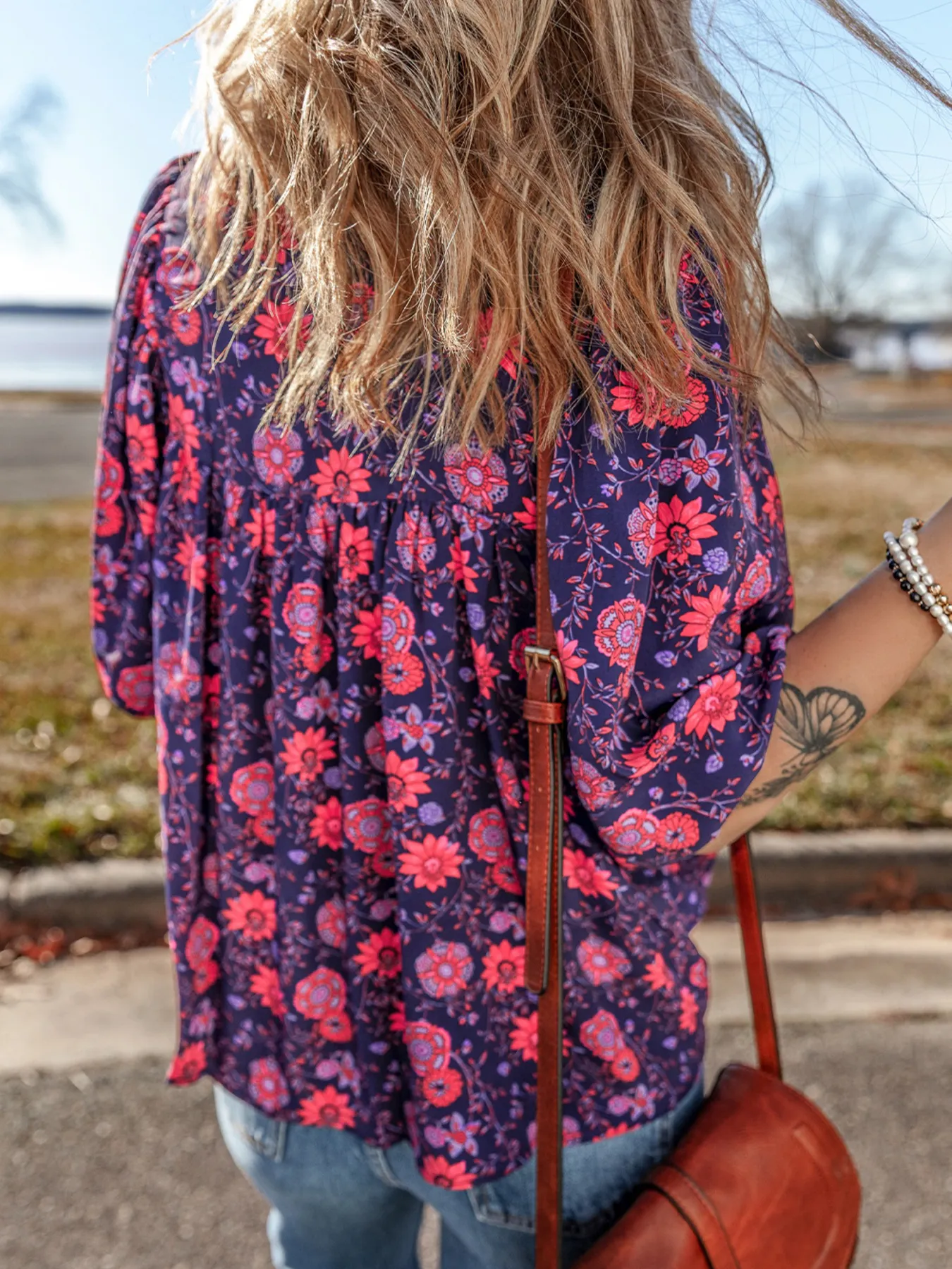 Floral Half Sleeve Split Neck Blouse Top - Image 2